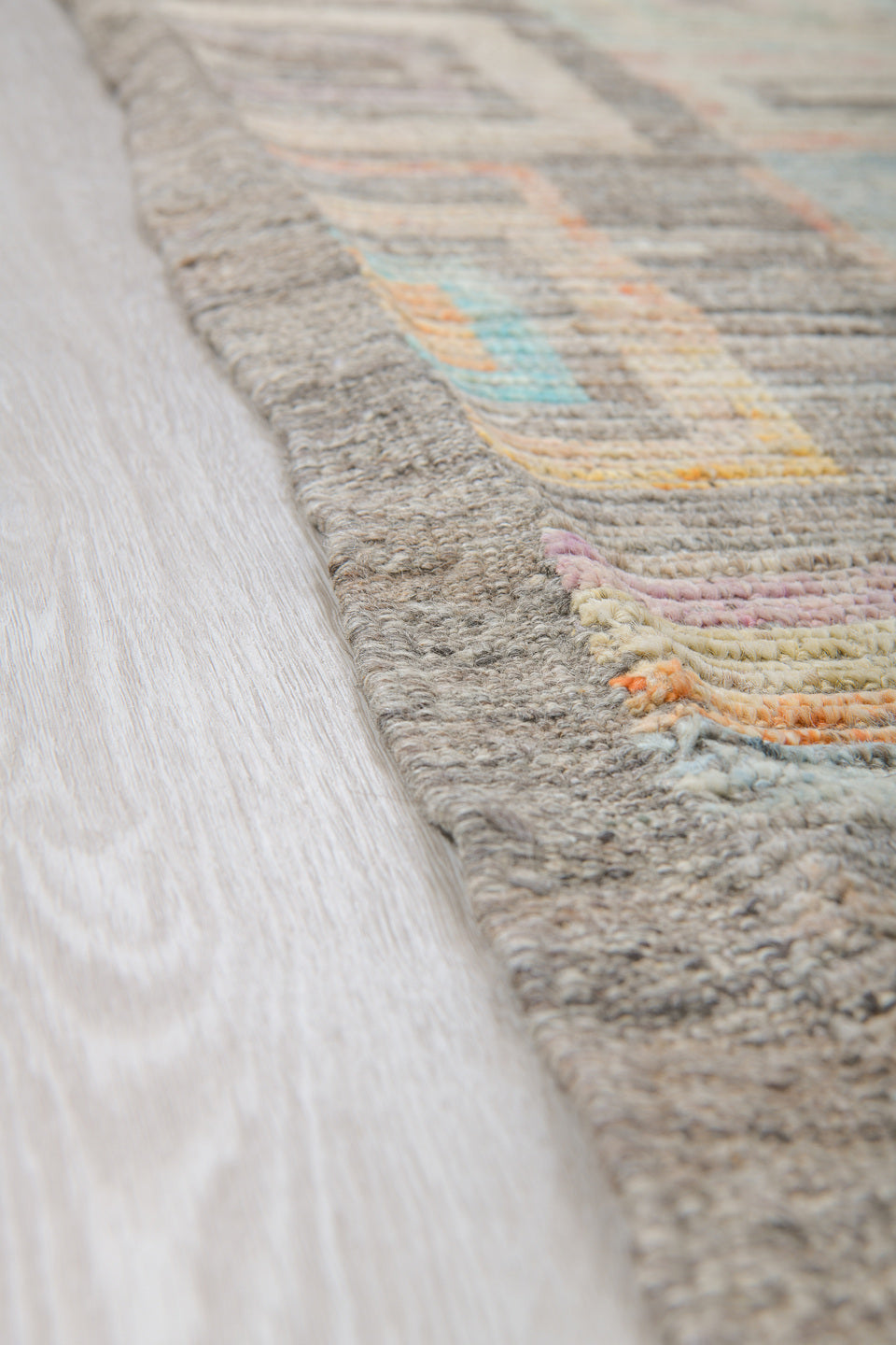 9' x 12' one-of-a-kind handmade vintage Tulu large size rug. Color palette: ivory, taupe, charcoal, pale aqua, saffron