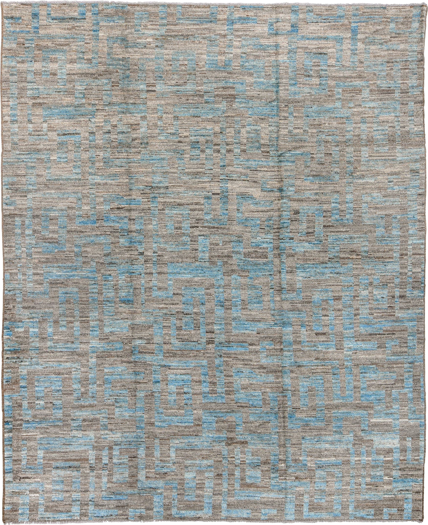 9' x 12' one-of-a-kind handmade vintage Tulu large size rug. Color palette: taupe, sky blue, gray, ivory, beige, light blue
