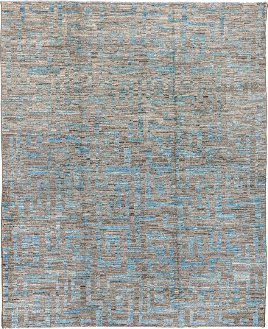 9' x 12' one-of-a-kind handmade vintage Tulu large size rug. Color palette: taupe, sky blue, gray, ivory, beige, light blue