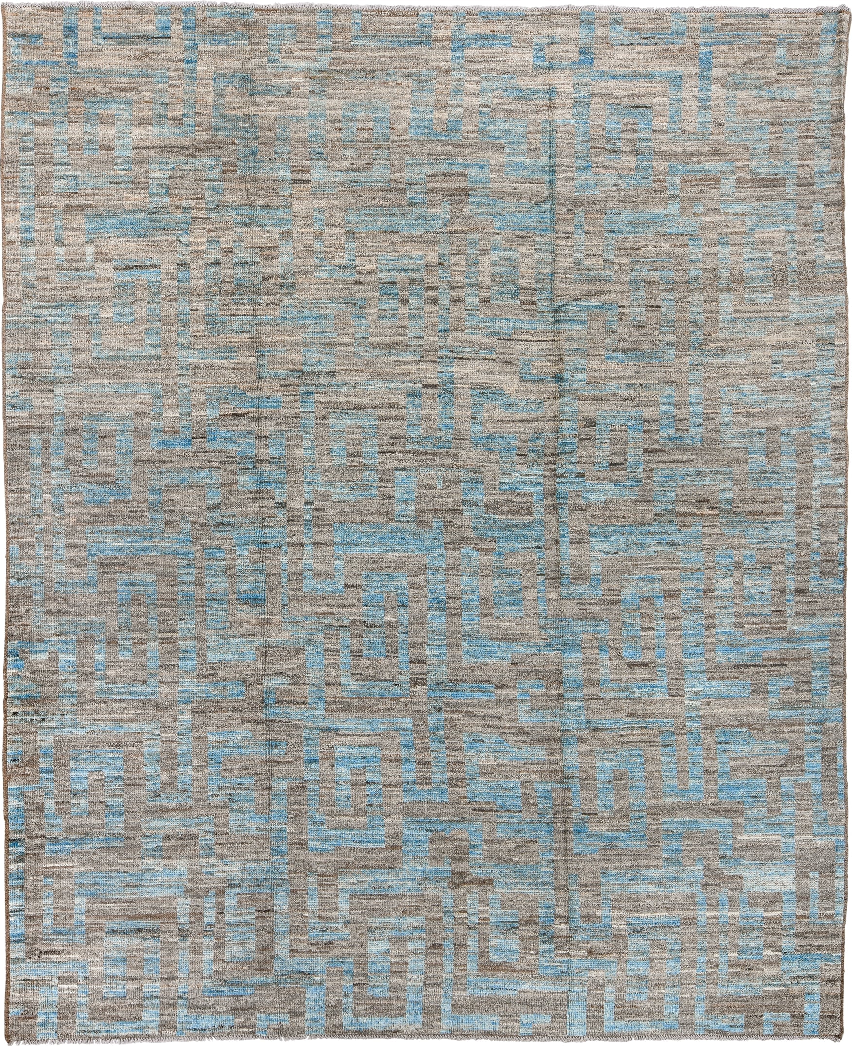 9' x 12' one-of-a-kind handmade vintage Tulu large size rug. Color palette: taupe, sky blue, gray, ivory, beige, light blue