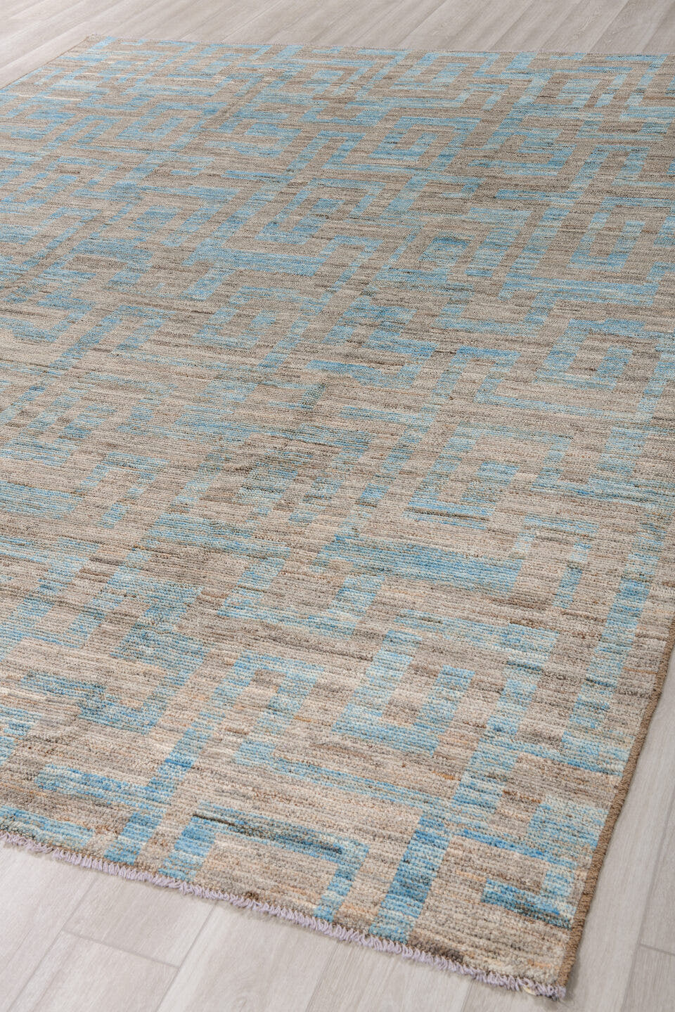9' x 12' one-of-a-kind handmade vintage Tulu large size rug. Color palette: taupe, sky blue, gray, ivory, beige, light blue