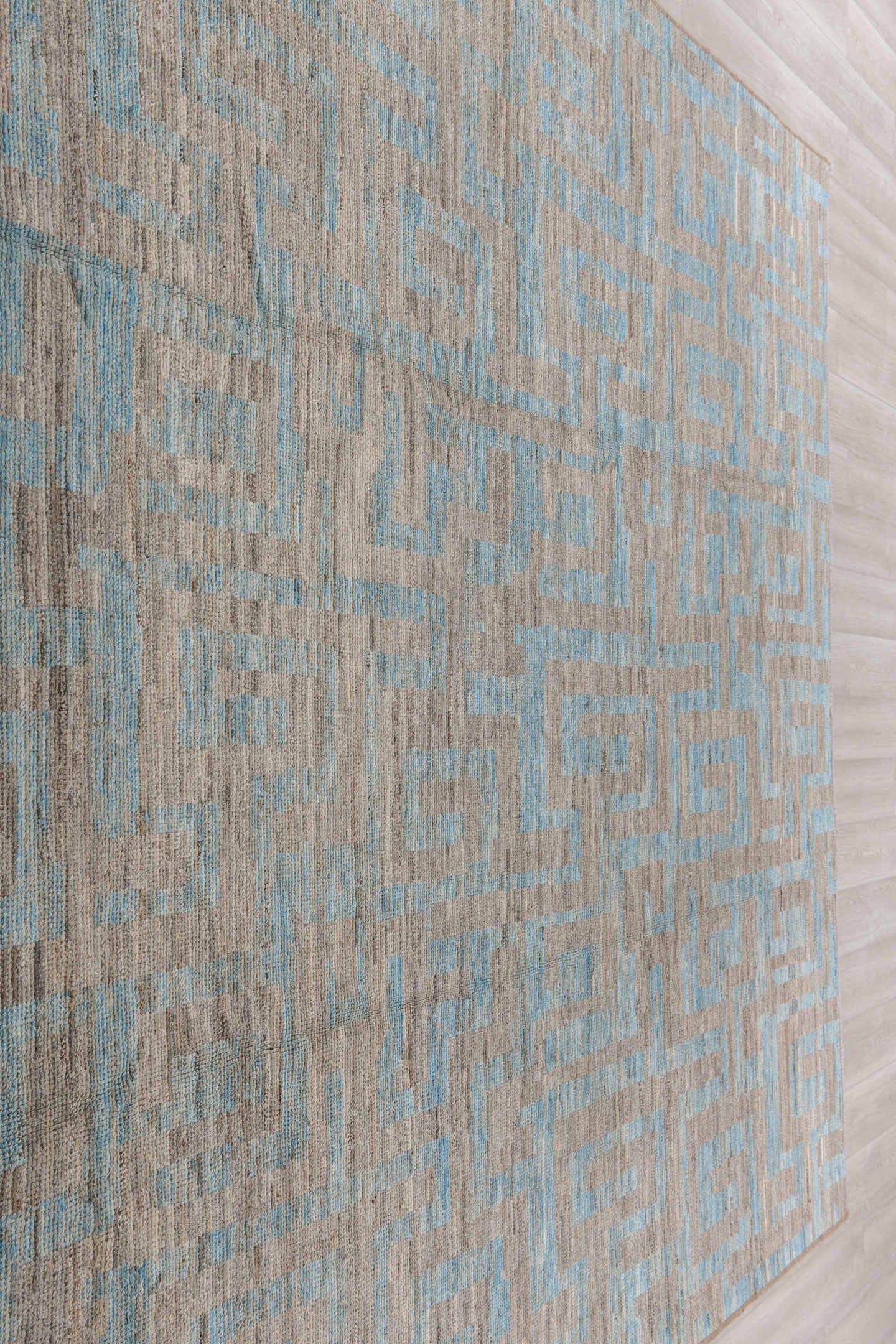 9' x 12' one-of-a-kind handmade vintage Tulu large size rug. Color palette: taupe, sky blue, gray, ivory, beige, light blue