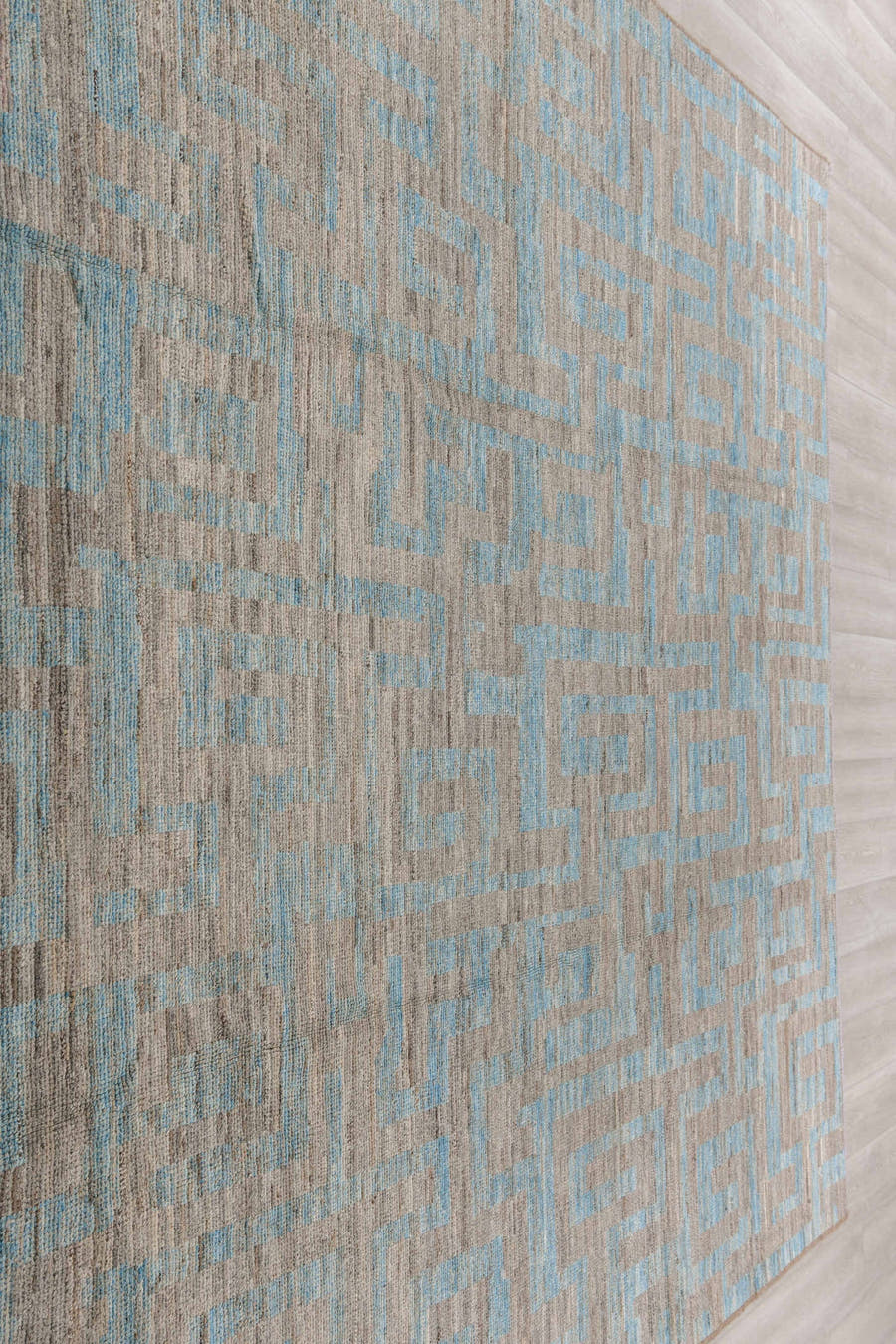 9' x 12' one-of-a-kind handmade vintage Tulu large size rug. Color palette: taupe, sky blue, gray, ivory, beige, light blue