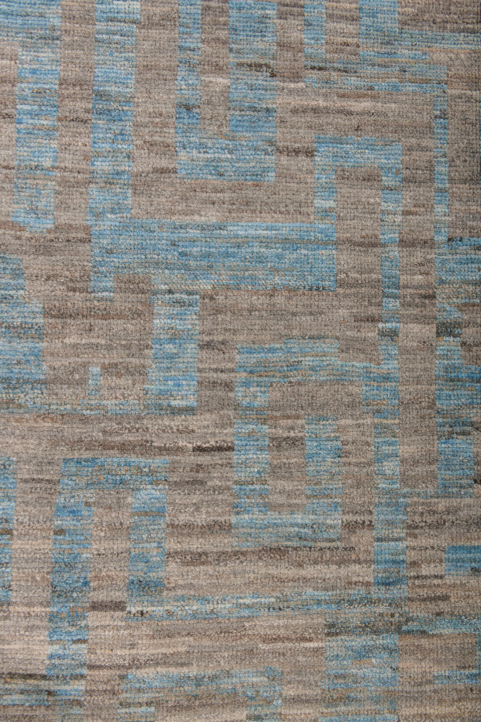 9' x 12' one-of-a-kind handmade vintage Tulu large size rug. Color palette: taupe, sky blue, gray, ivory, beige, light blue