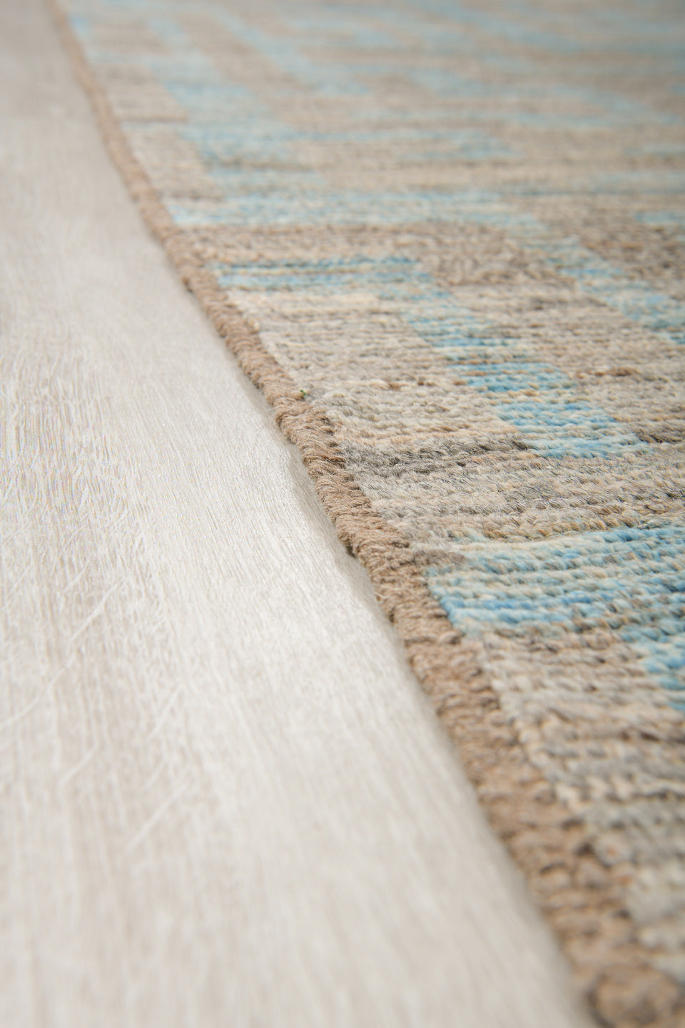 9' x 12' one-of-a-kind handmade vintage Tulu large size rug. Color palette: taupe, sky blue, gray, ivory, beige, light blue