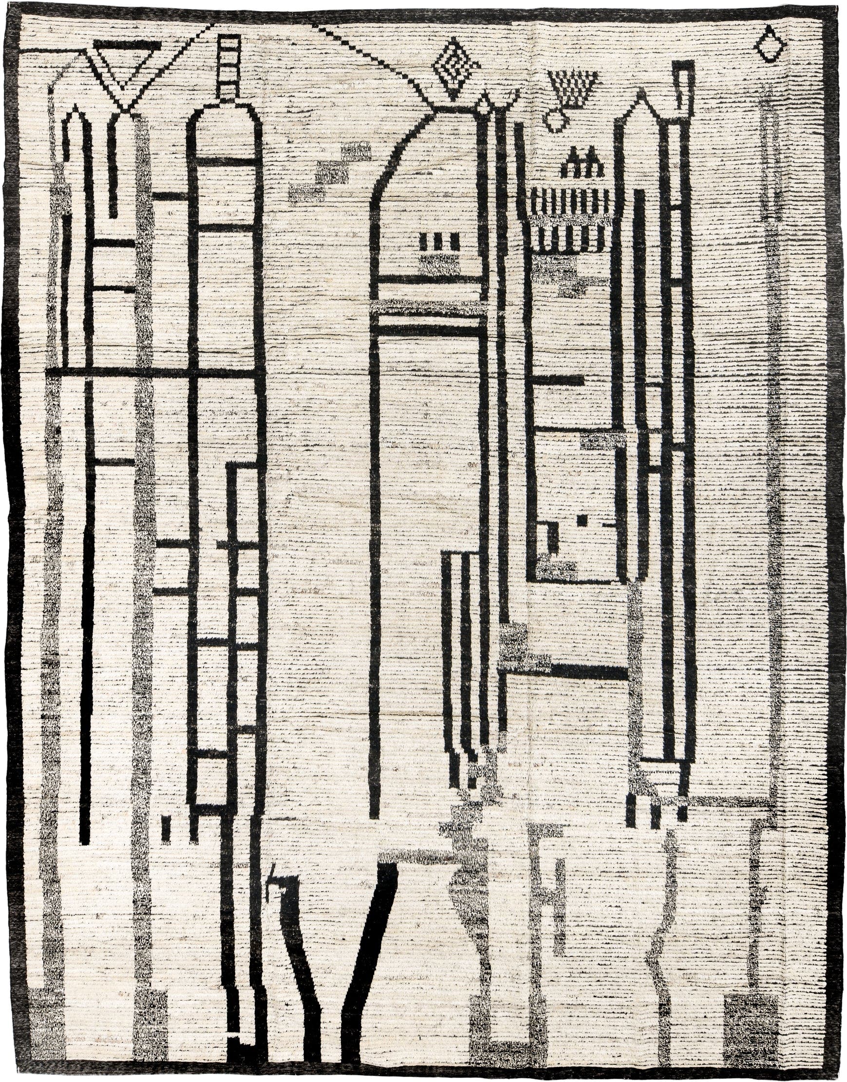 10' x 13' one-of-a-kind handmade vintage Tulu large size rug. Color palette: ivory, charcoal, gray, black