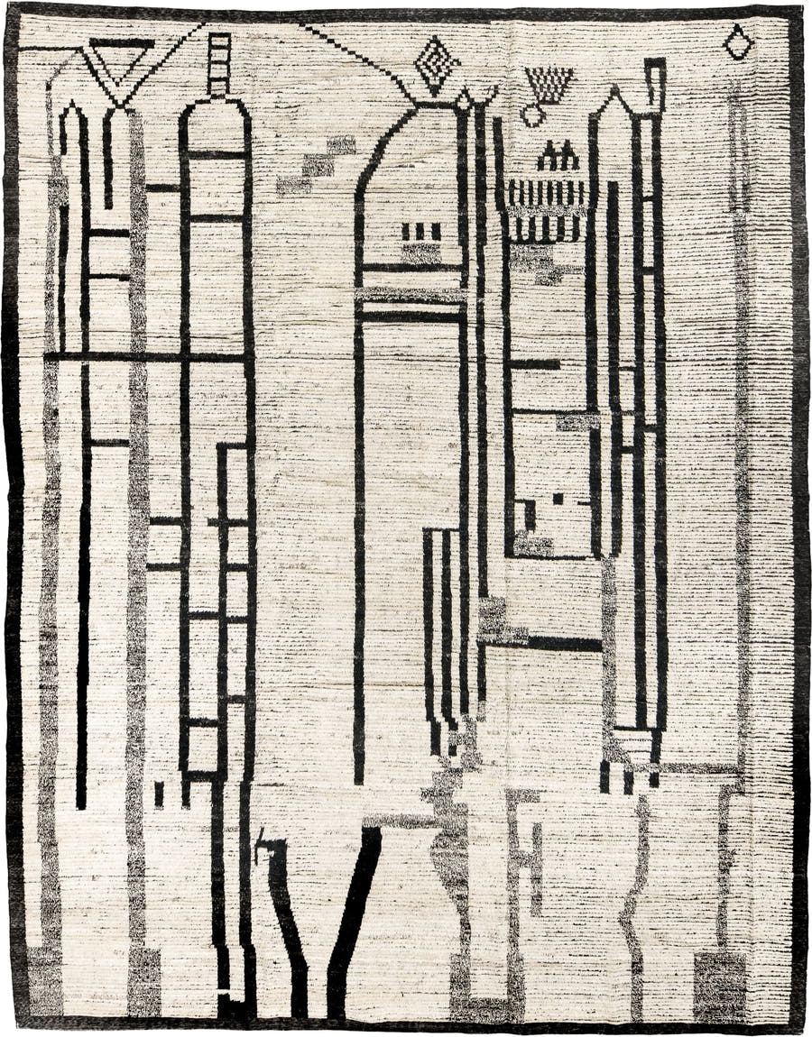 10' x 13' one-of-a-kind handmade vintage Tulu large size rug. Color palette: ivory, charcoal, gray, black