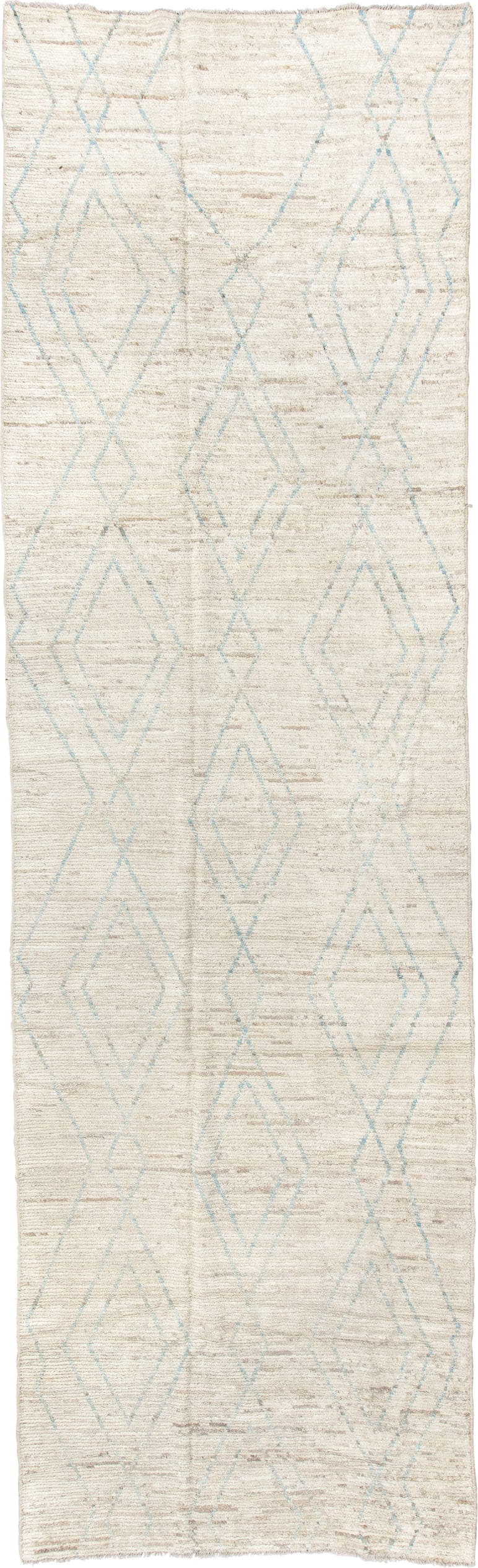 5' x 18' one-of-a-kind handmade vintage Tulu rug. Color palette: ivory, sky blue, beige, cream, taupe, light blue, gray