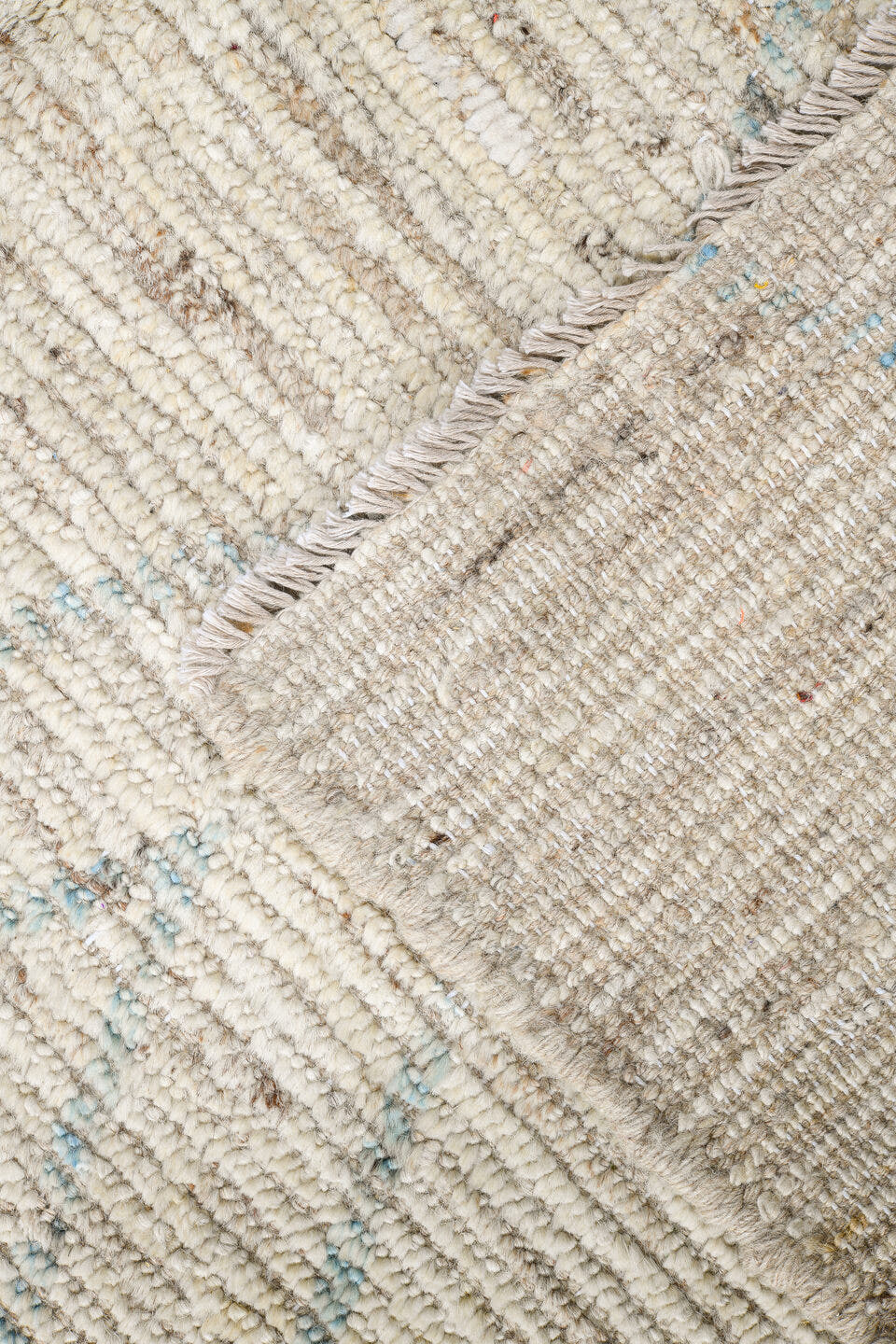 5' x 18' one-of-a-kind handmade vintage Tulu rug. Color palette: ivory, sky blue, beige, cream, taupe, light blue, gray