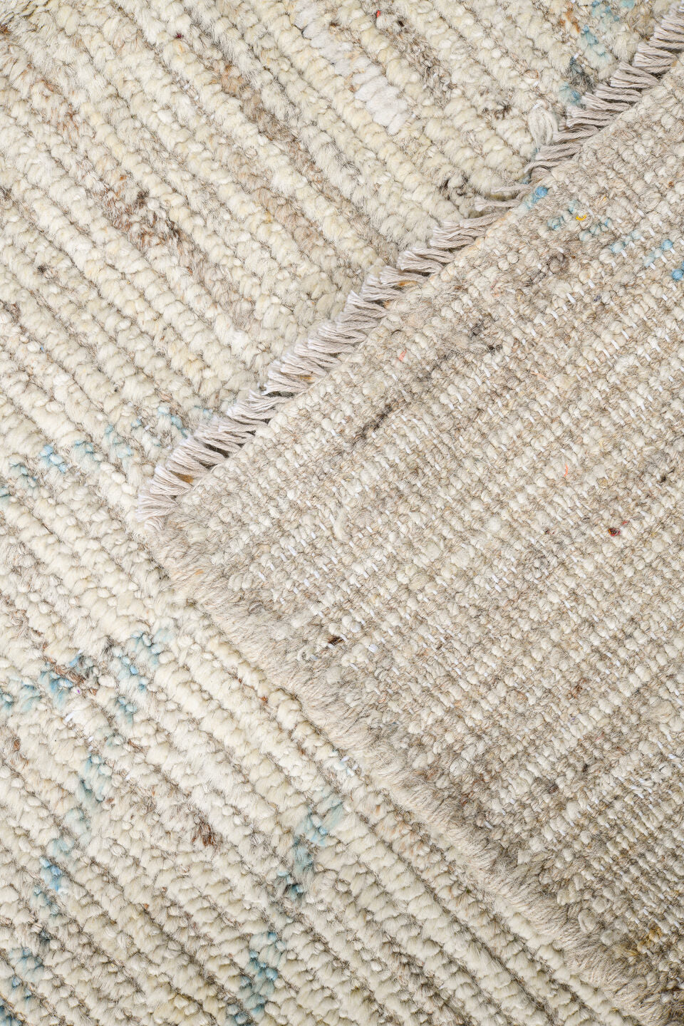 5' x 18' one-of-a-kind handmade vintage Tulu rug. Color palette: ivory, sky blue, beige, cream, taupe, light blue, gray