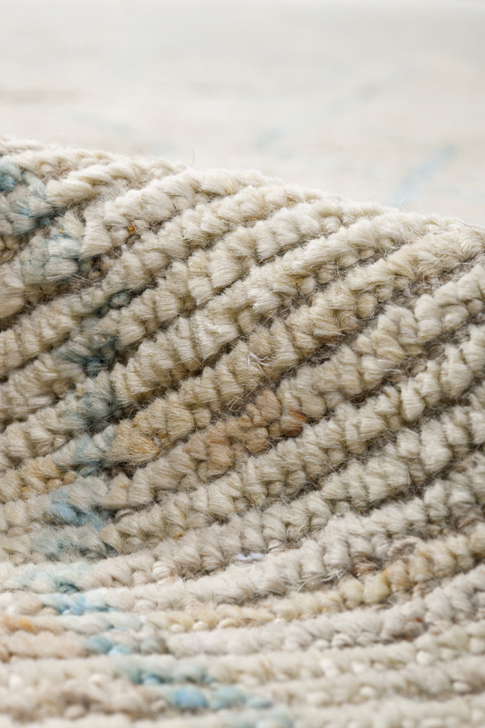 5' x 18' one-of-a-kind handmade vintage Tulu rug. Color palette: ivory, sky blue, beige, cream, taupe, light blue, gray
