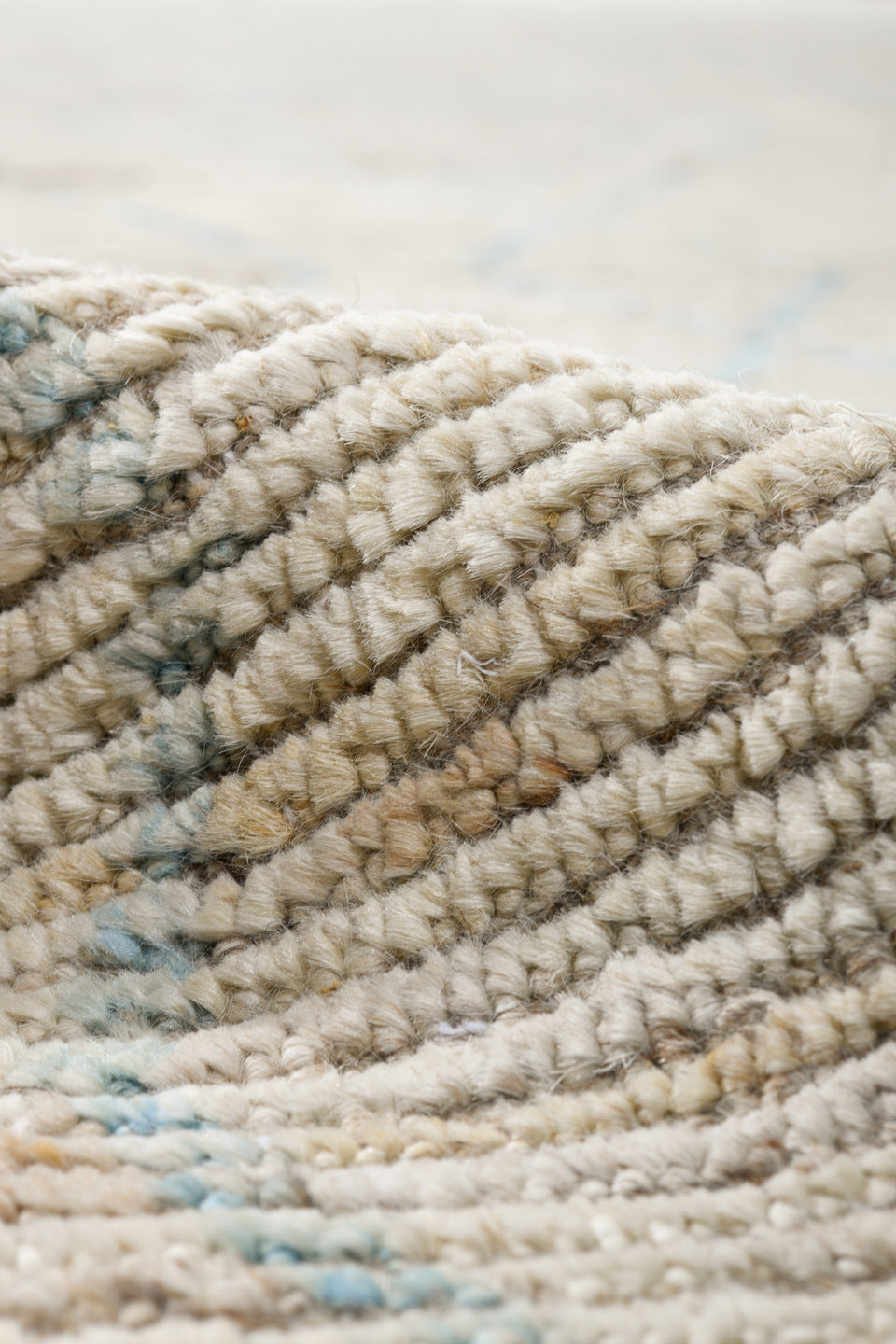 5' x 18' one-of-a-kind handmade vintage Tulu rug. Color palette: ivory, sky blue, beige, cream, taupe, light blue, gray