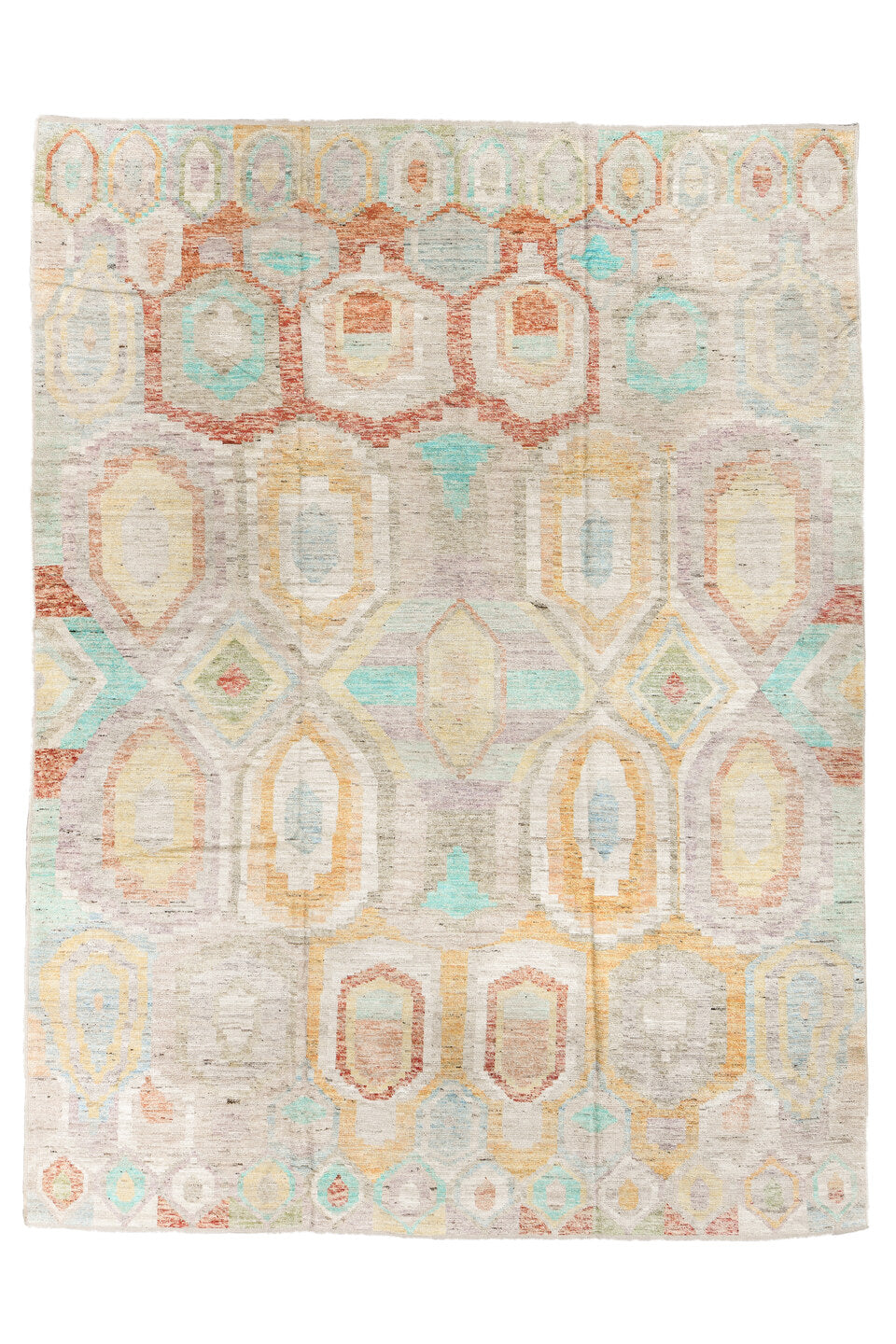 10' x 13' one-of-a-kind handmade vintage Tulu large size rug. Color palette: beige, blue, brown, floral white, gray, ivory