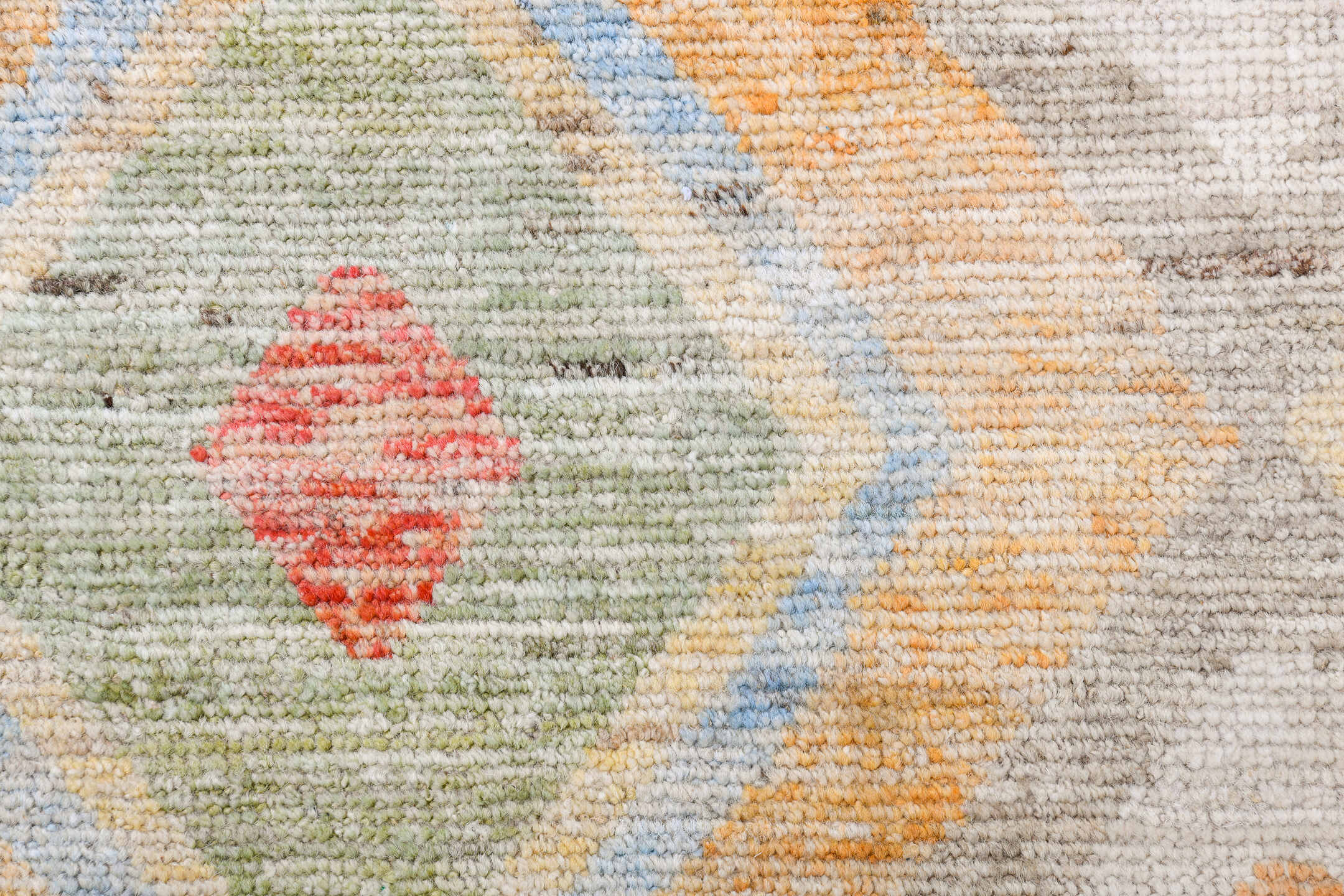 10' x 13' one-of-a-kind handmade vintage Tulu large size rug. Color palette: ivory, aqua, pale yellow, rust, lavender, taupe