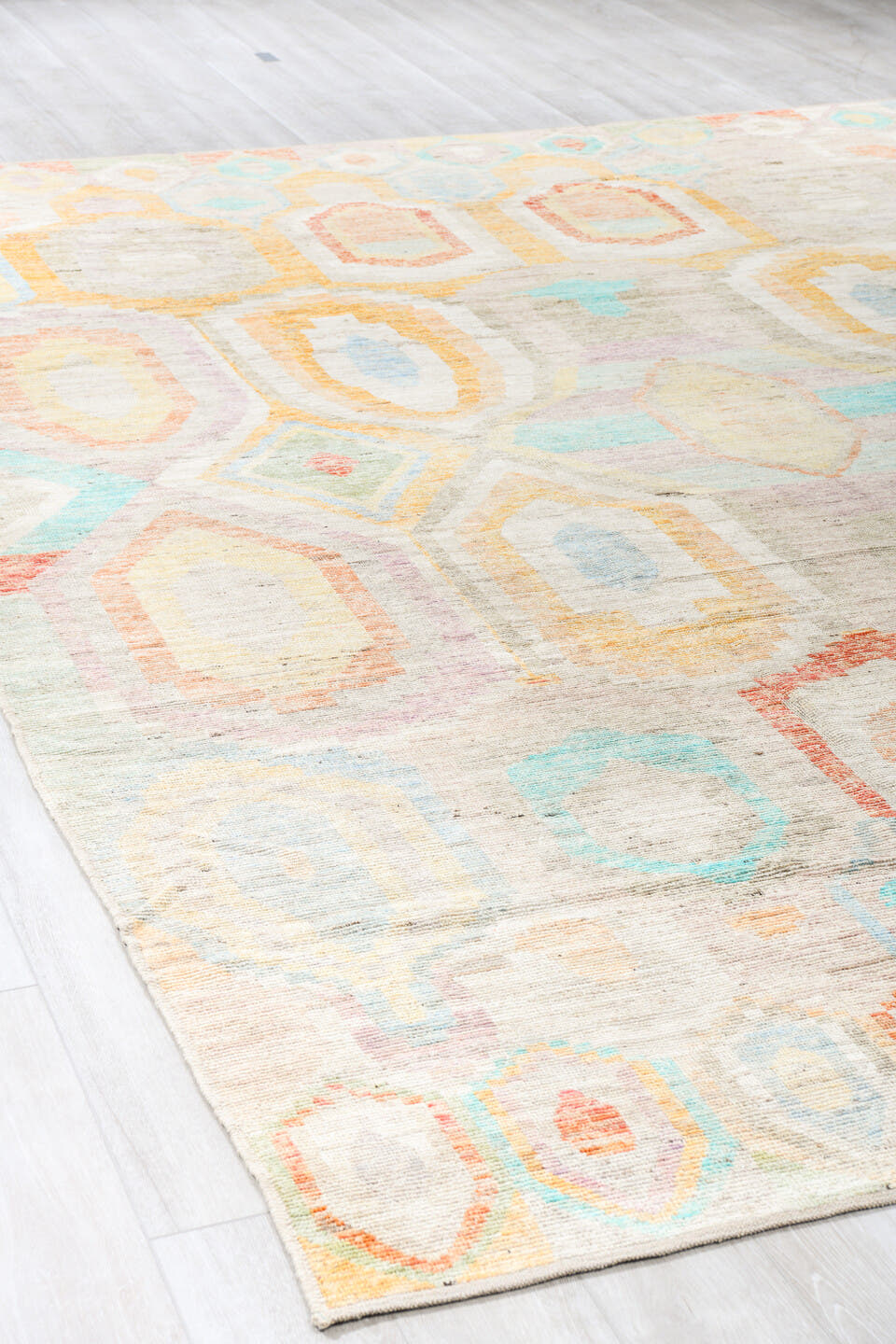 10' x 13' one-of-a-kind handmade vintage Tulu large size rug. Color palette: ivory, aqua, pale yellow, rust, lavender, taupe