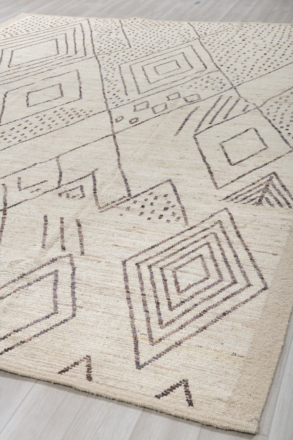 10' x 14' one-of-a-kind handmade vintage Tulu large size rug. Color palette: ivory, taupe, charcoal, brown, beige, gray