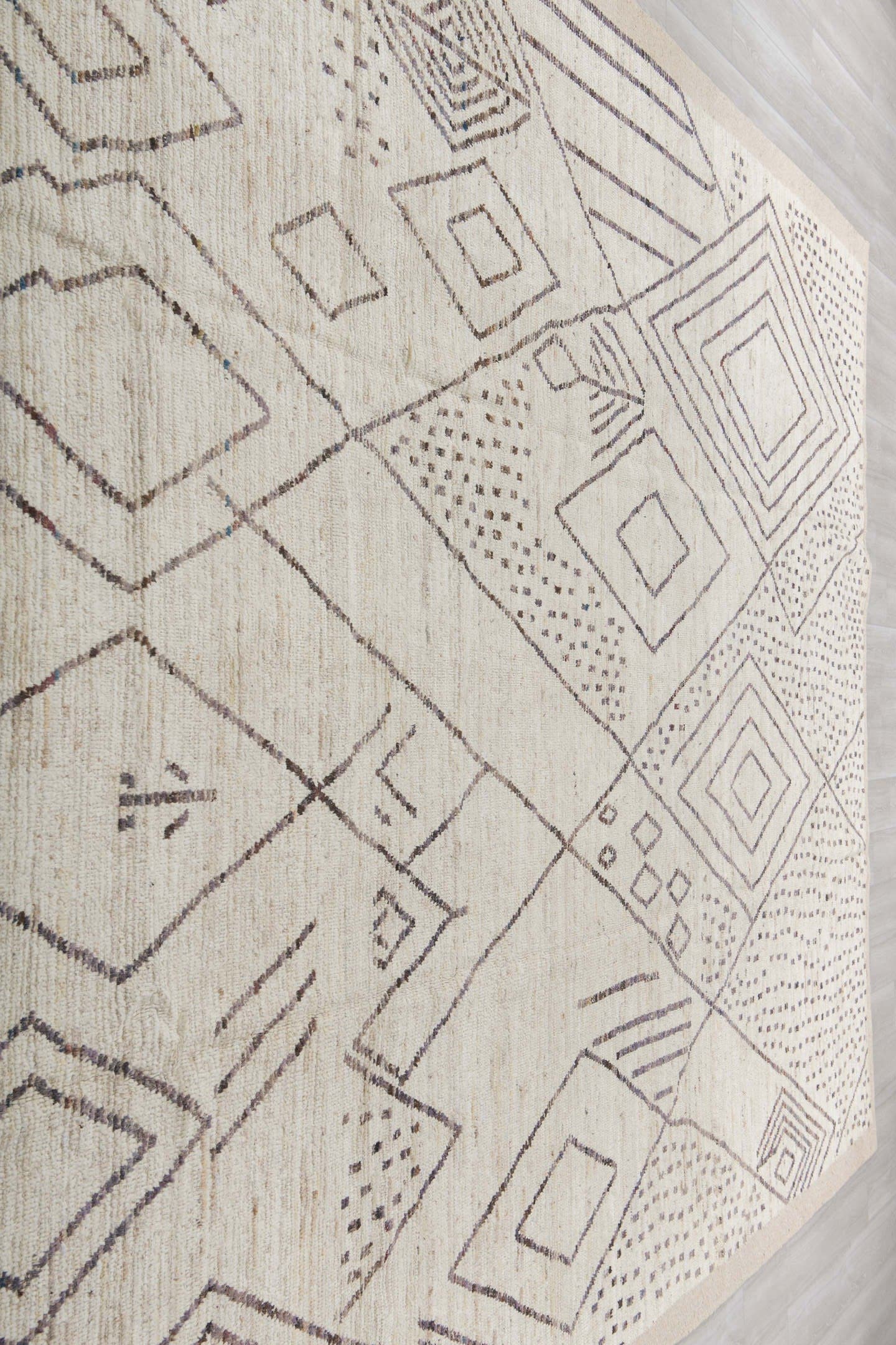 10' x 14' one-of-a-kind handmade vintage Tulu large size rug. Color palette: ivory, taupe, charcoal, brown, beige, gray