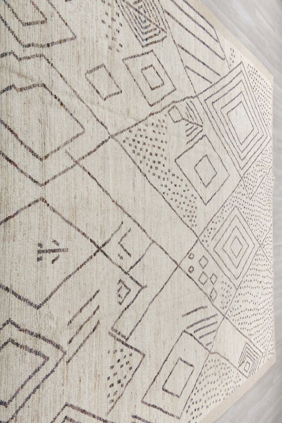 10' x 14' one-of-a-kind handmade vintage Tulu large size rug. Color palette: ivory, taupe, charcoal, brown, beige, gray