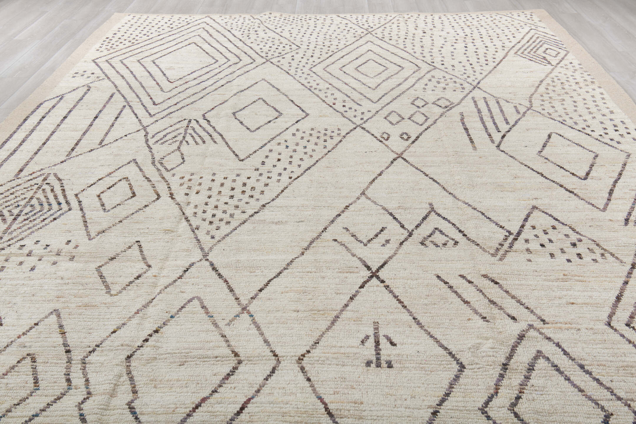 10' x 14' one-of-a-kind handmade vintage Tulu large size rug. Color palette: dark gray, gainsboro, gray, light gray, linen