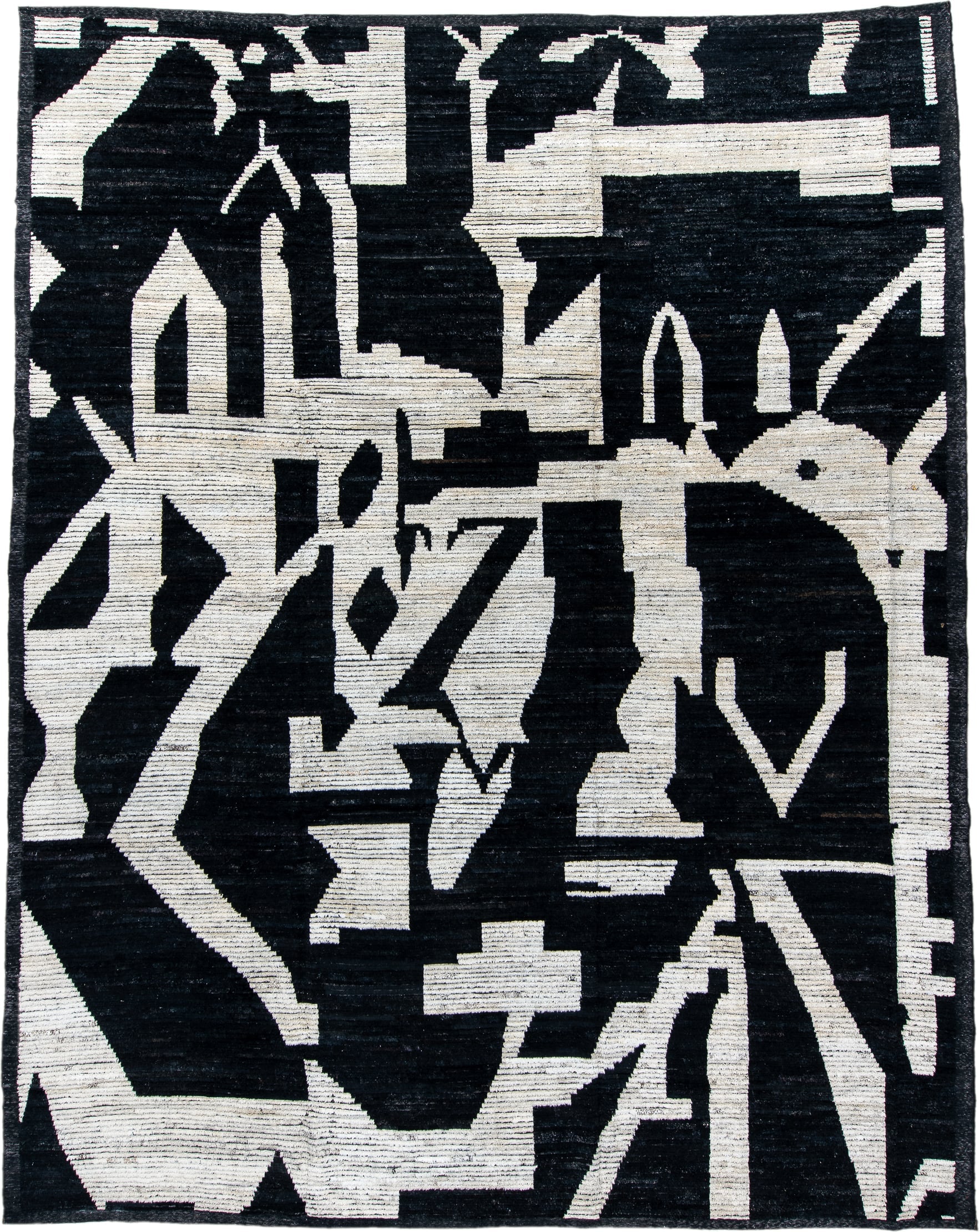 11' x 14' one-of-a-kind handmade vintage Tulu oversize rug. Color palette: black, ivory