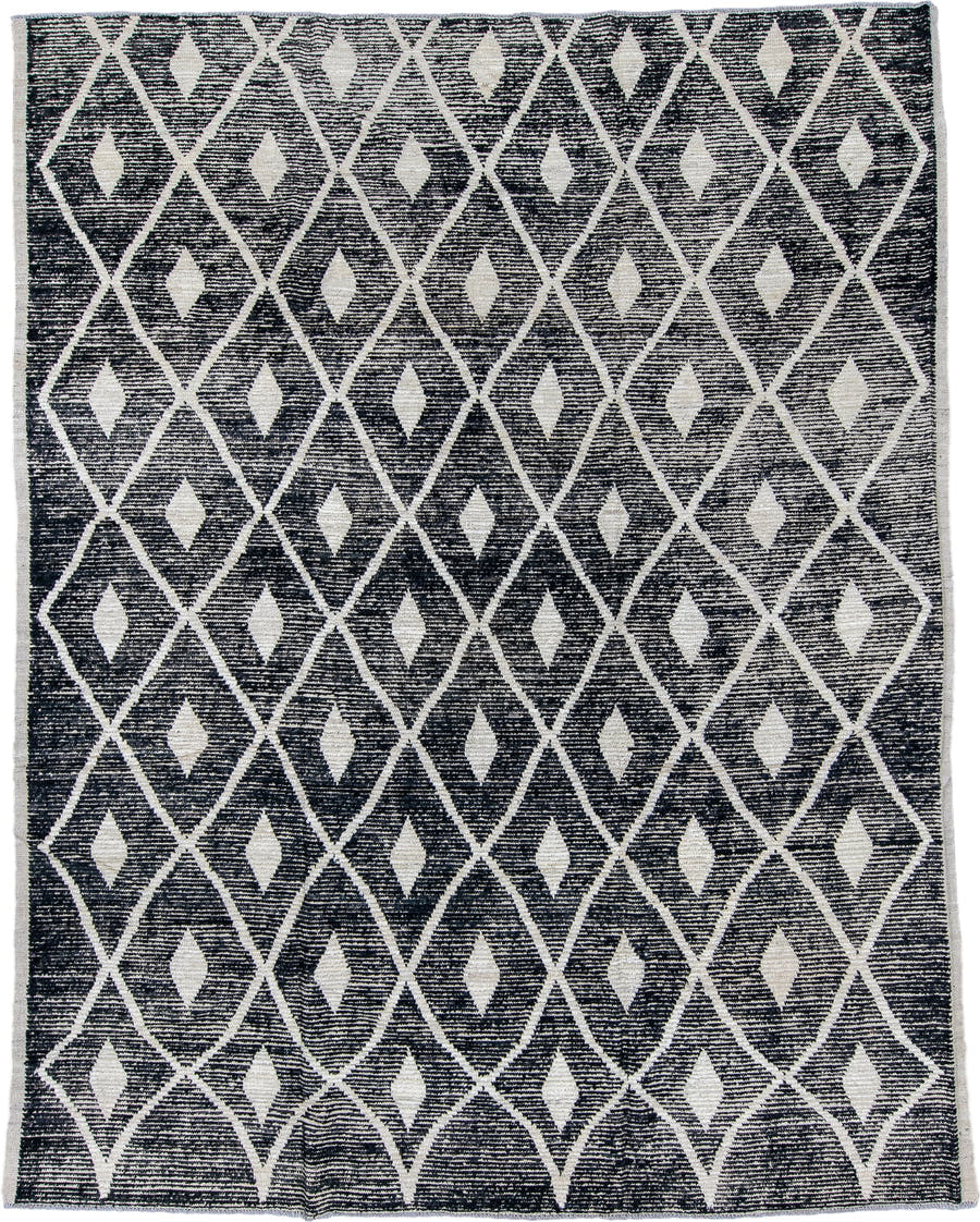 9' x 11' one-of-a-kind handmade vintage Tulu large size rug. Color palette: charcoal, ivory, gray, black