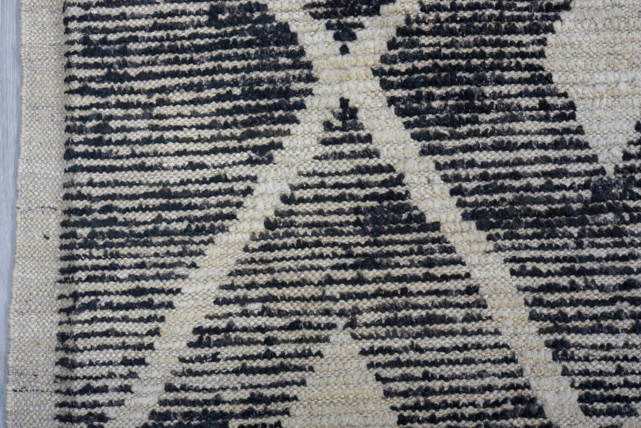 9' x 11' one-of-a-kind handmade vintage Tulu large size rug. Color palette: charcoal, ivory, gray, black