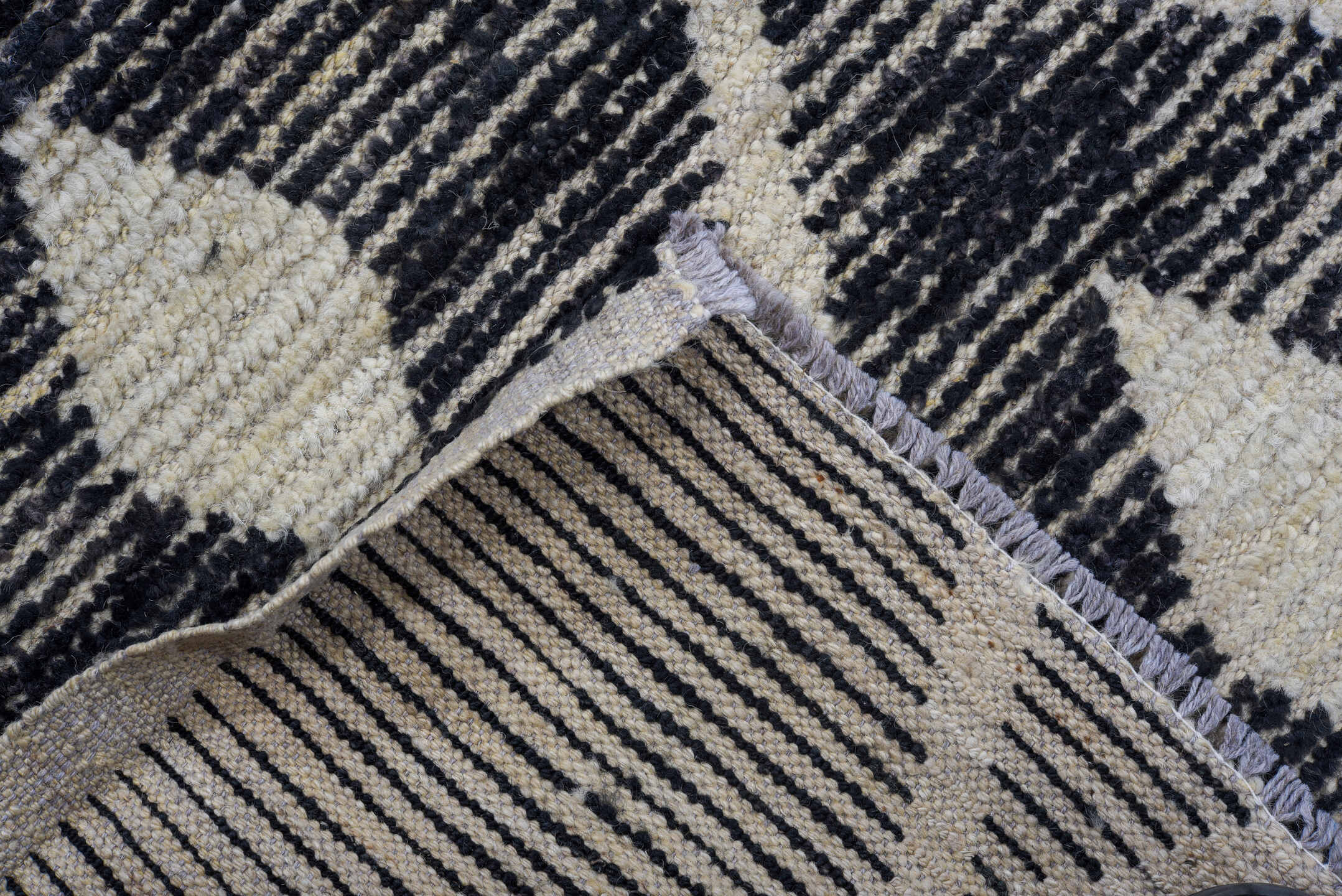 9' x 11' one-of-a-kind handmade vintage Tulu large size rug. Color palette: charcoal, ivory, gray, black