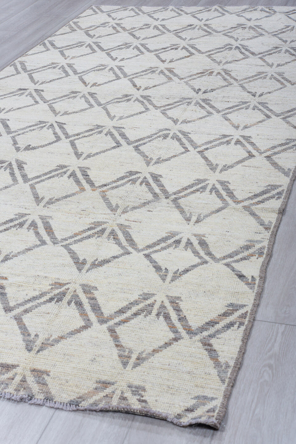 5' x 11' one-of-a-kind handmade vintage Tulu rug. Color palette: ivory, gray, taupe, beige