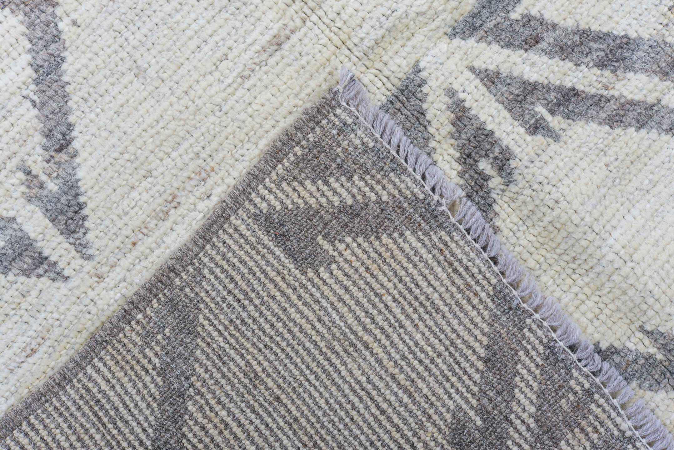 5' x 11' one-of-a-kind handmade vintage Tulu rug. Color palette: ivory, gray, taupe, beige