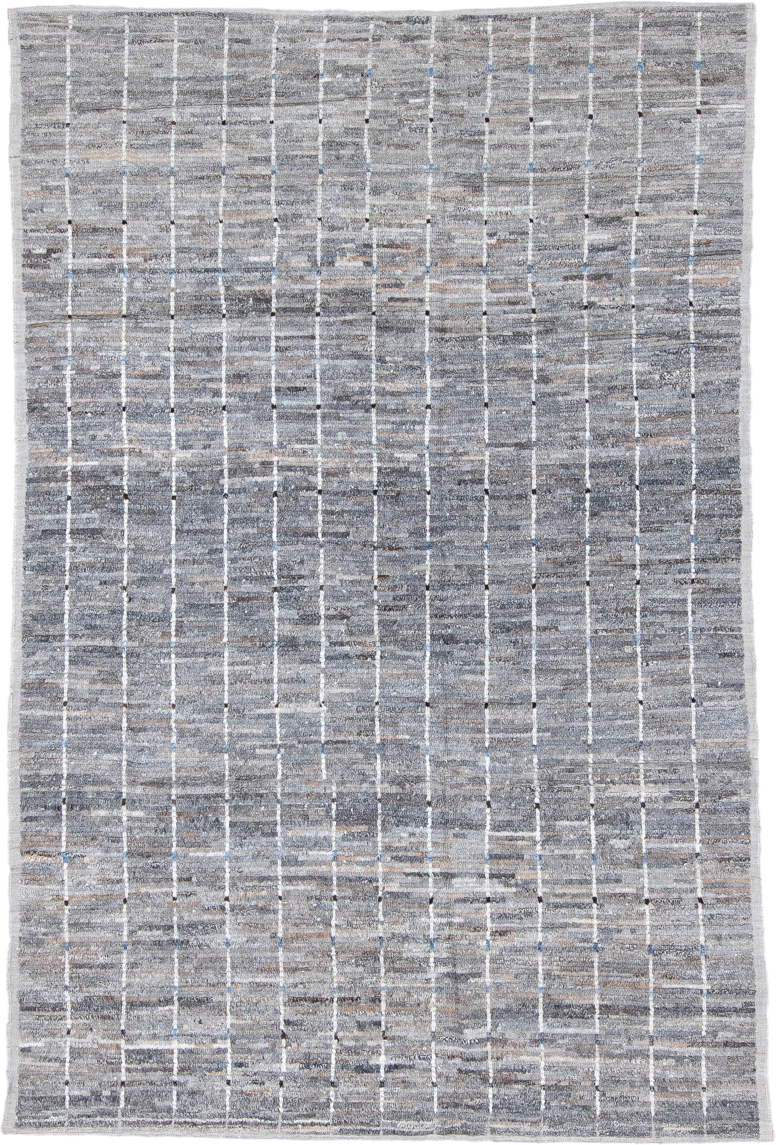 6' x 9' one-of-a-kind handmade vintage Tulu medium size rug. Color palette: gray, ivory, taupe, slate, charcoal, camel