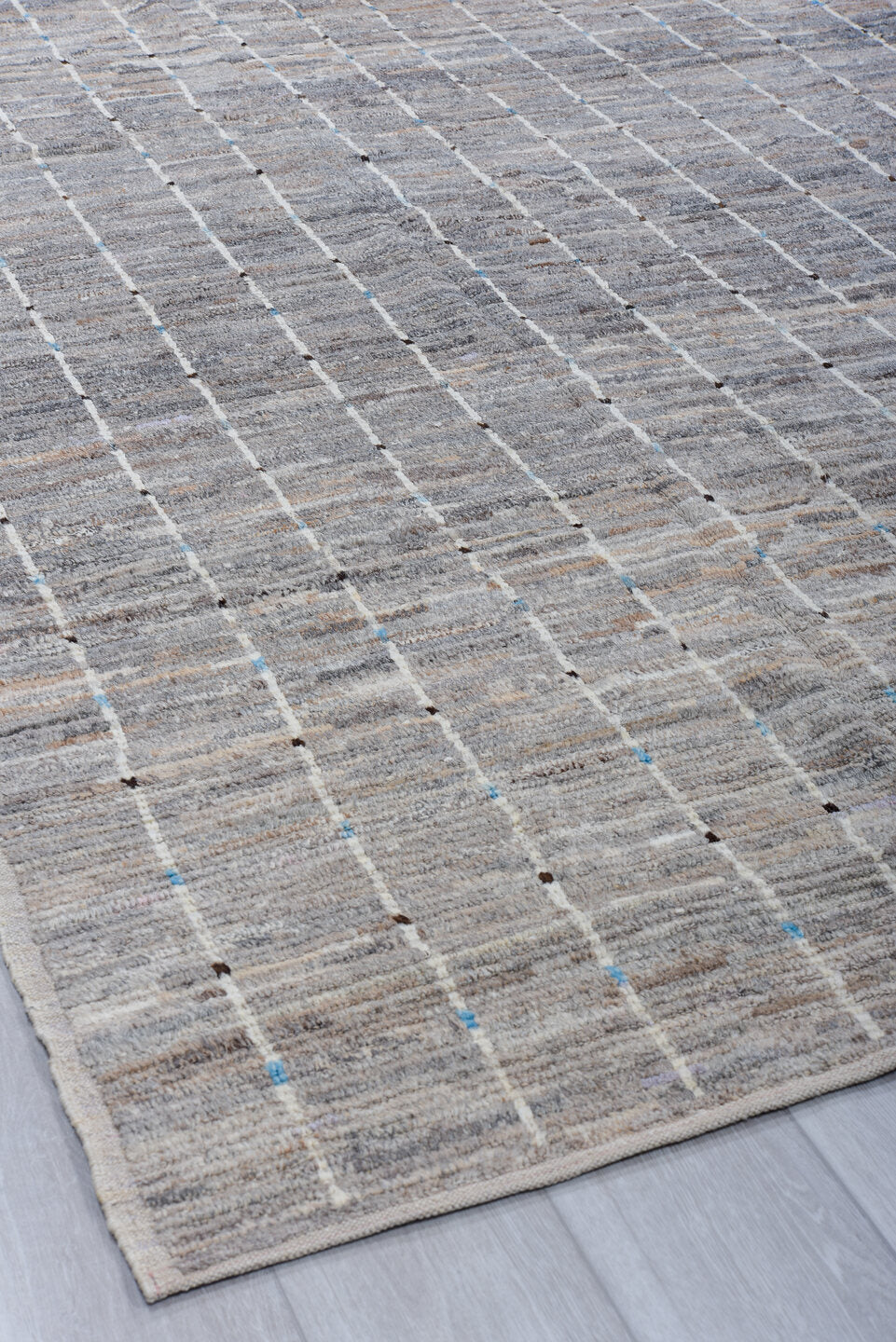 6' x 9' one-of-a-kind handmade vintage Tulu medium size rug. Color palette: gray, ivory, taupe, slate, charcoal, camel