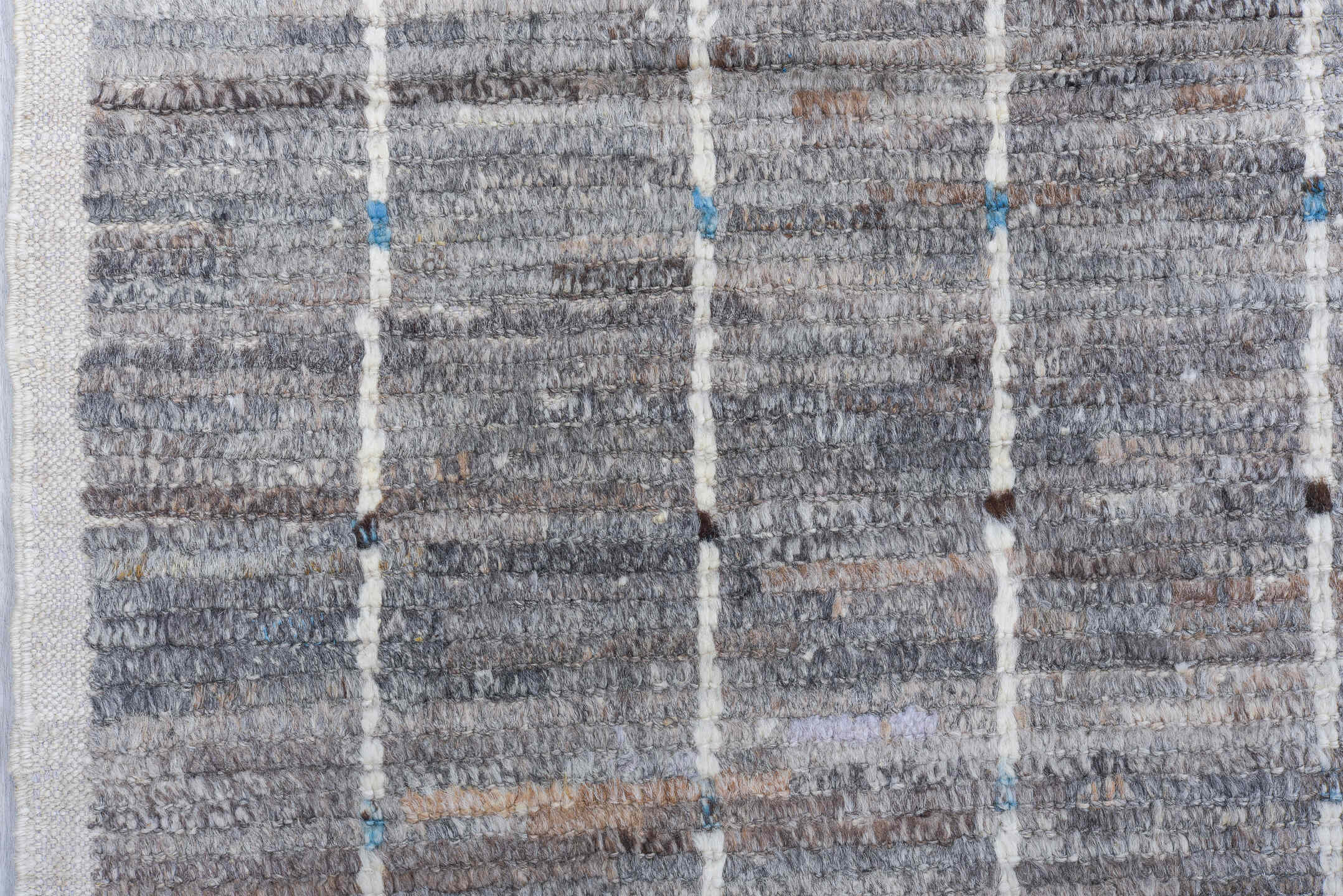 6' x 9' one-of-a-kind handmade vintage Tulu medium size rug. Color palette: gray, ivory, taupe, slate, charcoal, camel
