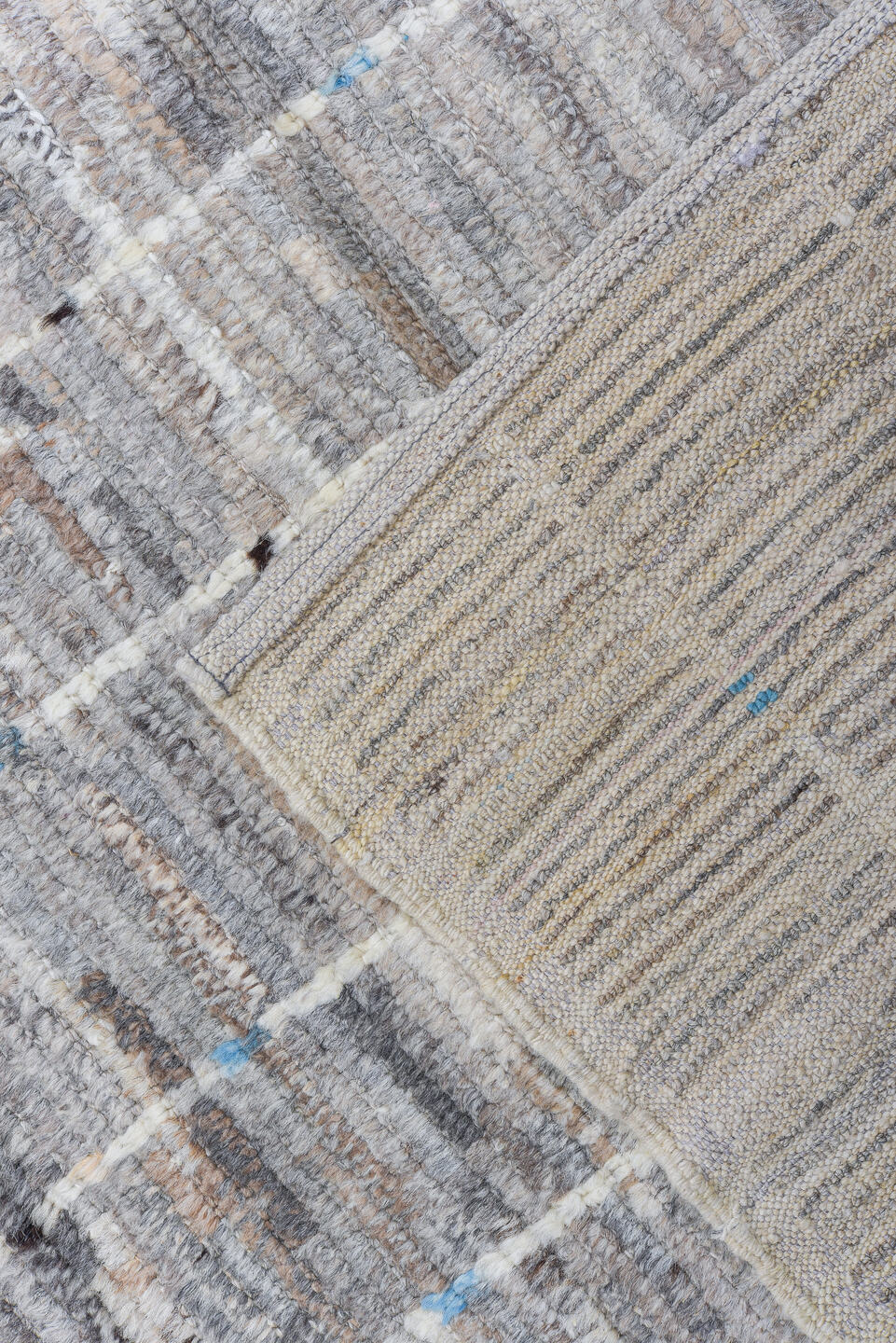 6' x 9' one-of-a-kind handmade vintage Tulu medium size rug. Color palette: gray, ivory, taupe, slate, charcoal, camel
