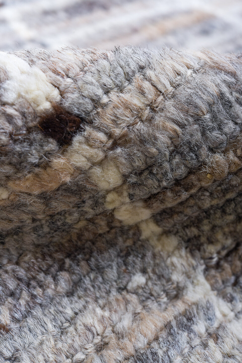 6' x 9' one-of-a-kind handmade vintage Tulu medium size rug. Color palette: gray, ivory, taupe, slate, charcoal, camel