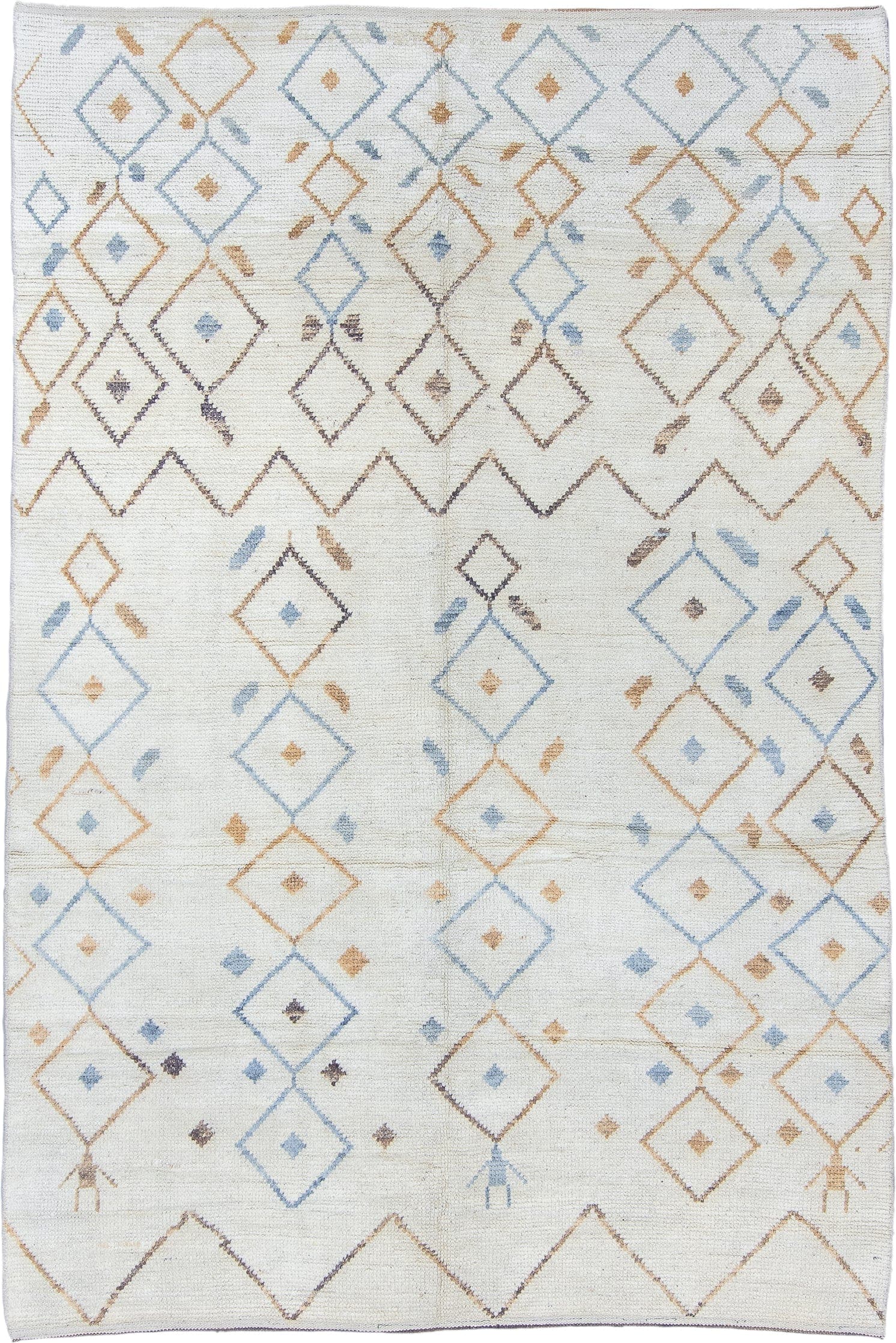 6' x 10' one-of-a-kind handmade vintage Tulu large size rug. Color palette: ivory, sky blue, camel, taupe, brown, light blue