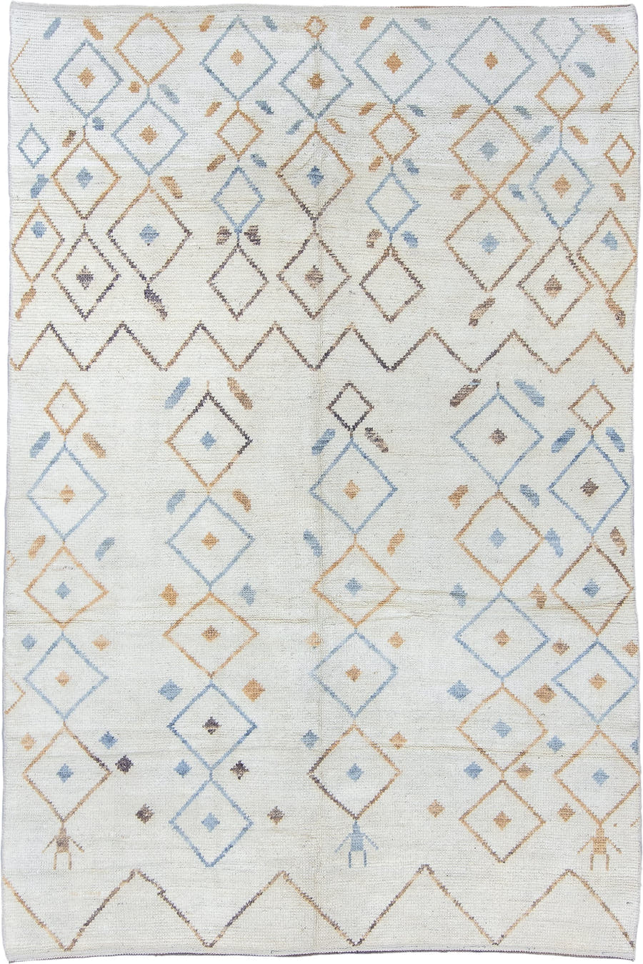 6' x 10' one-of-a-kind handmade vintage Tulu large size rug. Color palette: ivory, sky blue, camel, taupe, brown, light blue