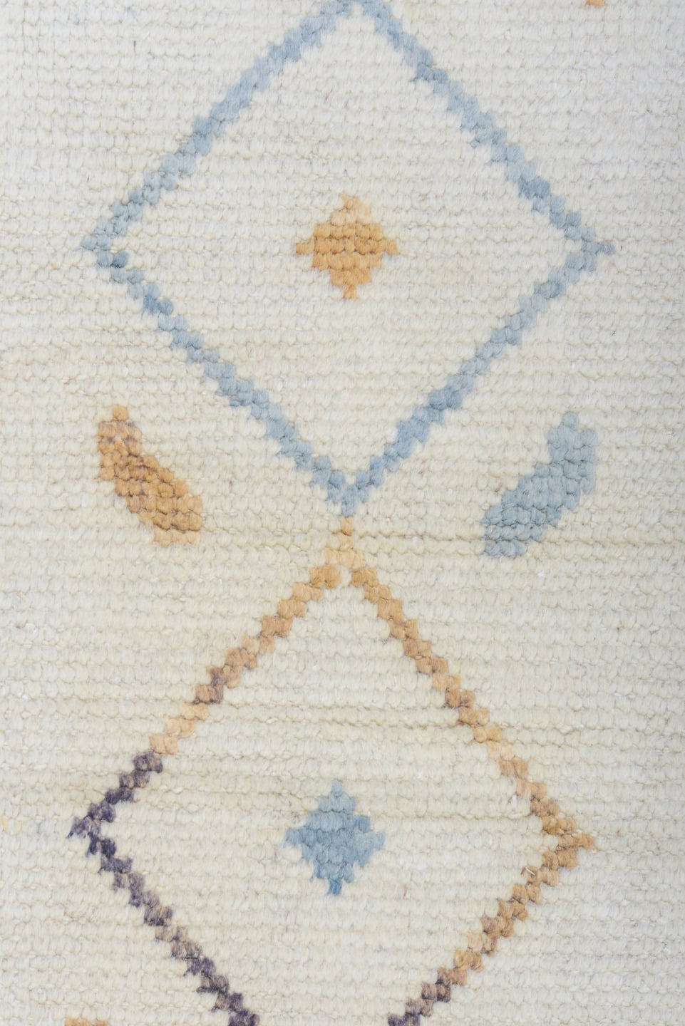 6' x 10' one-of-a-kind handmade vintage Tulu large size rug. Color palette: ivory, sky blue, camel, taupe, brown, light blue