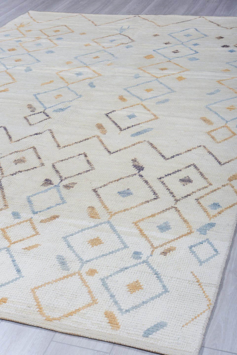 6' x 10' one-of-a-kind handmade vintage Tulu large size rug. Color palette: ivory, sky blue, camel, taupe, brown, light blue