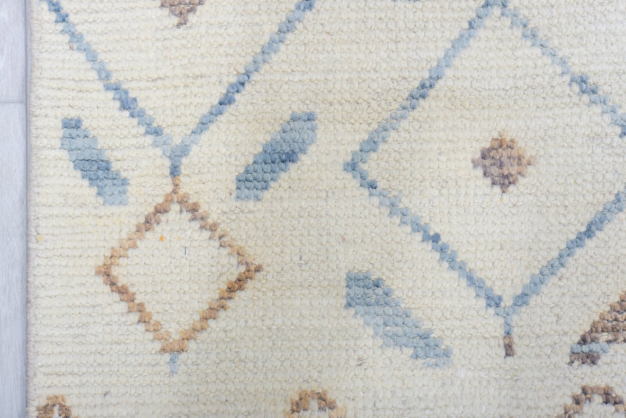 6' x 10' one-of-a-kind handmade vintage Tulu large size rug. Color palette: ivory, sky blue, camel, taupe, brown, light blue