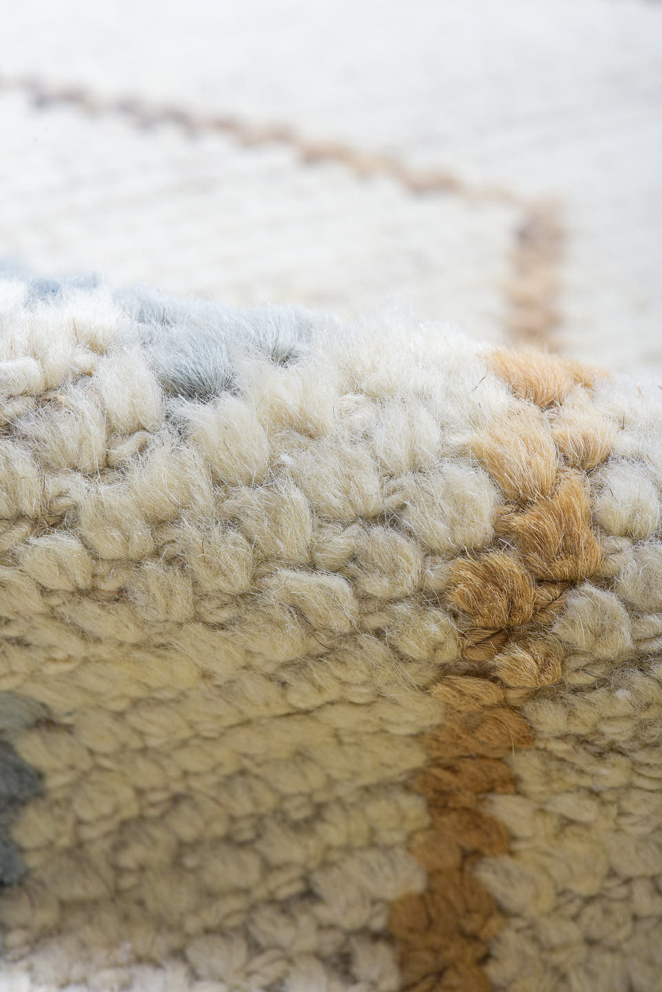 6' x 10' one-of-a-kind handmade vintage Tulu large size rug. Color palette: ivory, sky blue, camel, taupe, brown, light blue