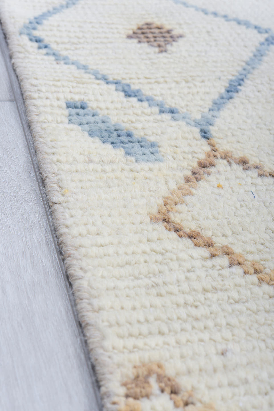 6' x 10' one-of-a-kind handmade vintage Tulu large size rug. Color palette: ivory, sky blue, camel, taupe, brown, light blue