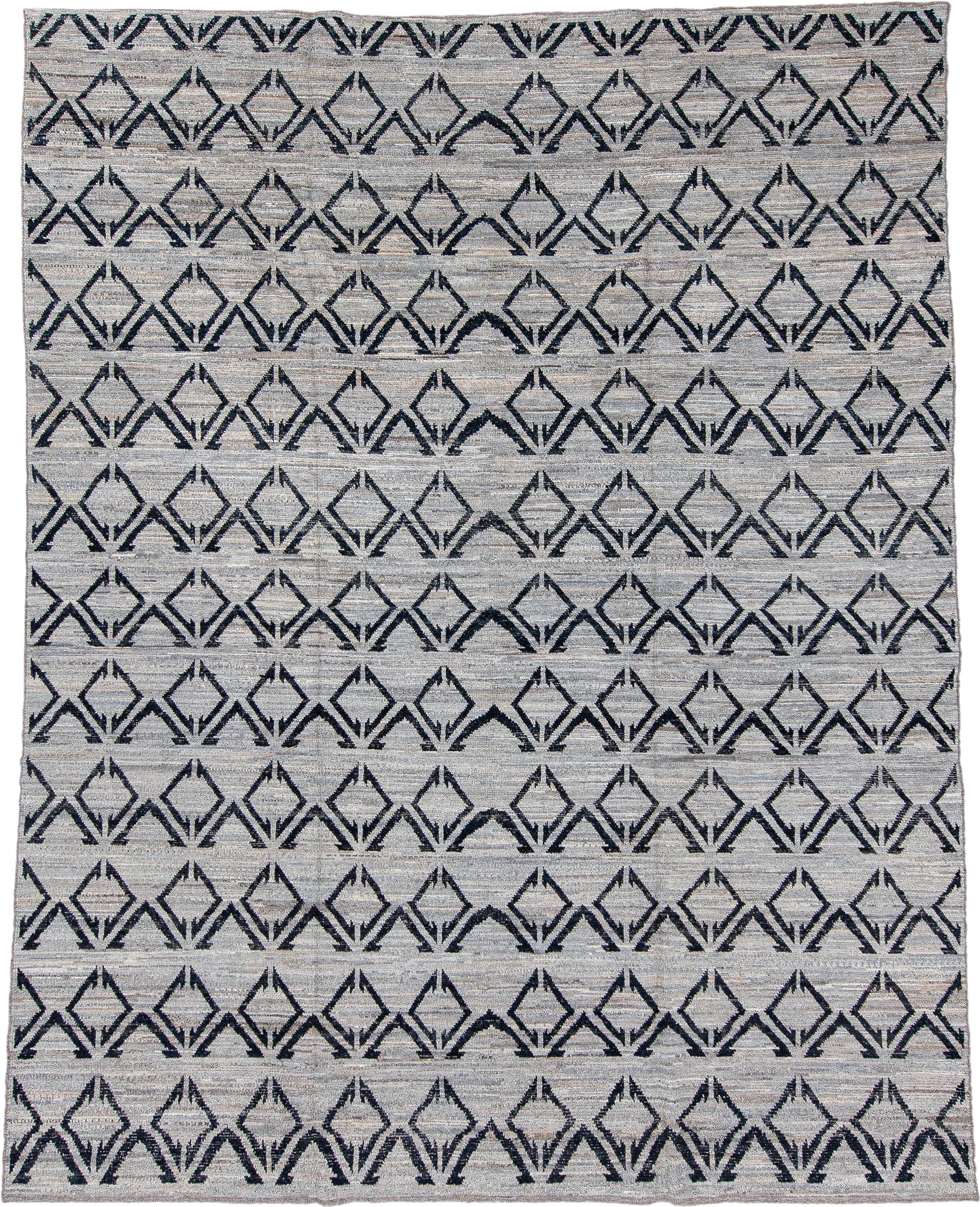 9' x 11' one-of-a-kind handmade vintage Tulu large size rug. Color palette: ivory, charcoal, gray, taupe, black, beige