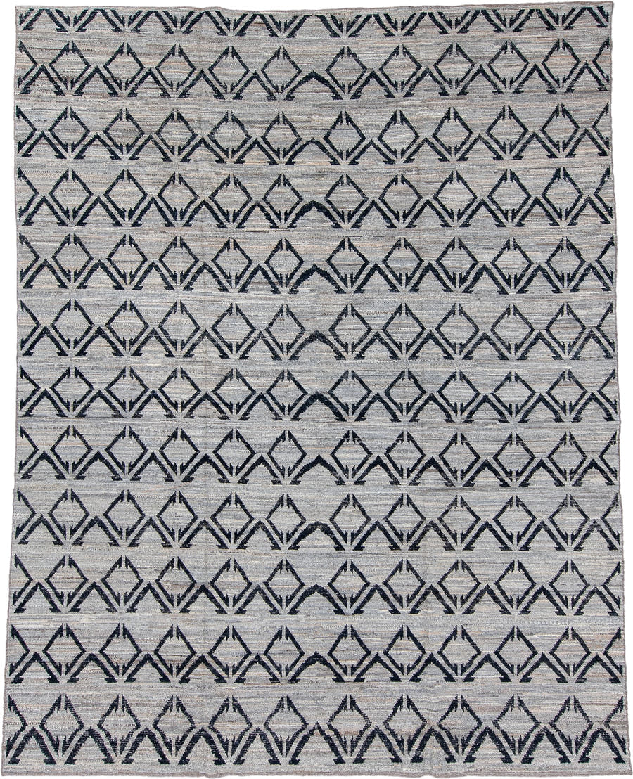 9' x 11' one-of-a-kind handmade vintage Tulu large size rug. Color palette: ivory, charcoal, gray, taupe, black, beige