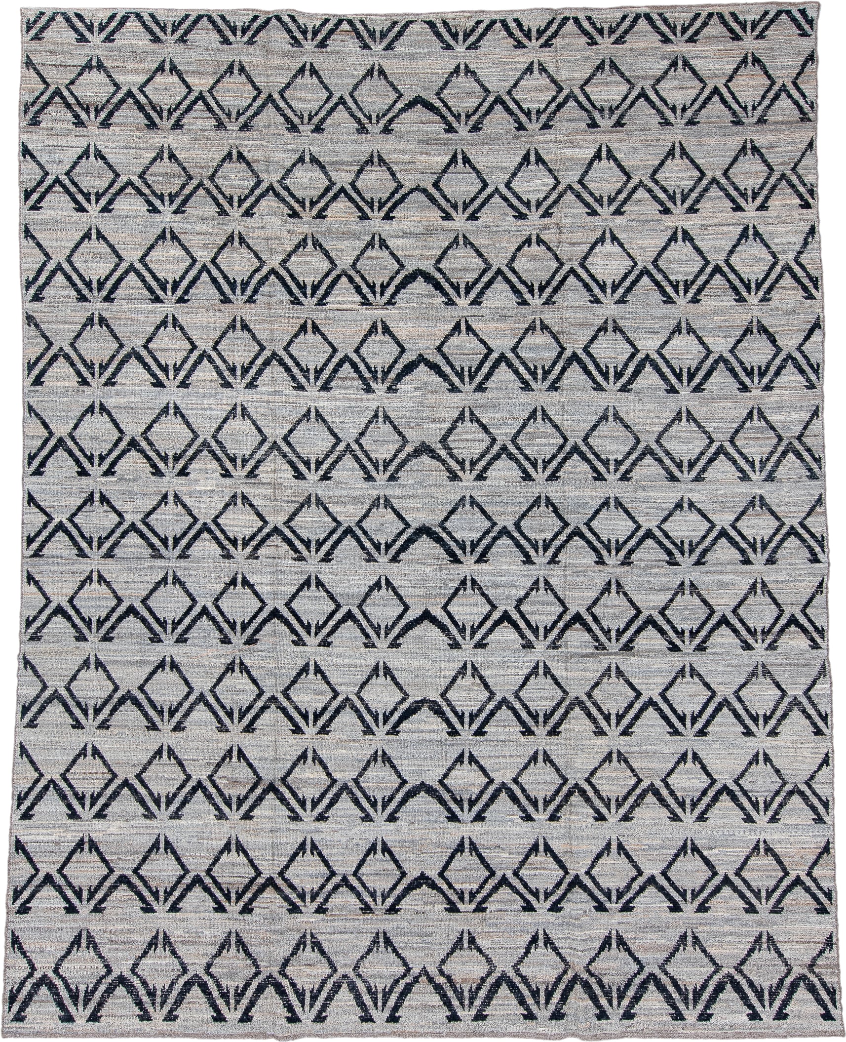 9' x 11' one-of-a-kind handmade vintage Tulu large size rug. Color palette: ivory, charcoal, gray, taupe, black, beige