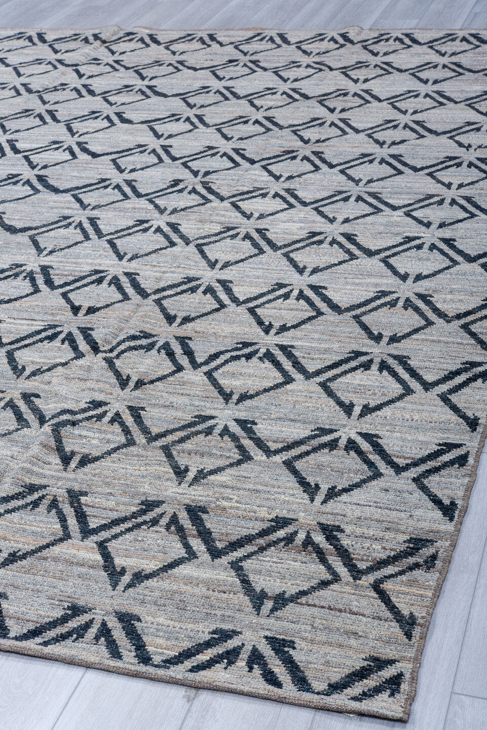 9' x 11' one-of-a-kind handmade vintage Tulu large size rug. Color palette: ivory, charcoal, gray, taupe, black, beige