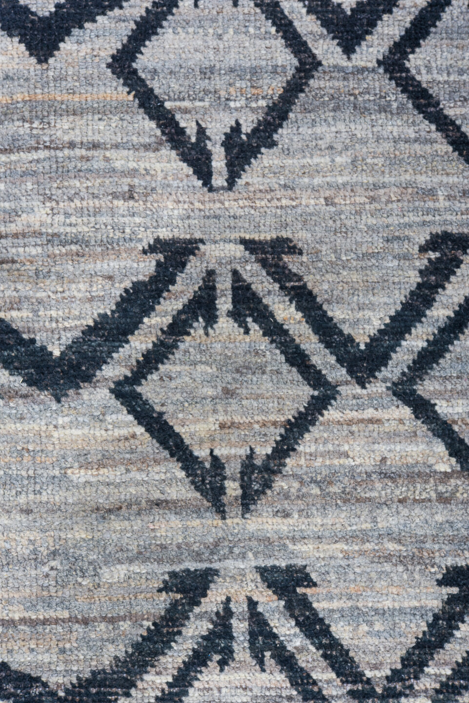 9' x 11' one-of-a-kind handmade vintage Tulu large size rug. Color palette: black, blue, dark gray, fiord, gainsboro, gray