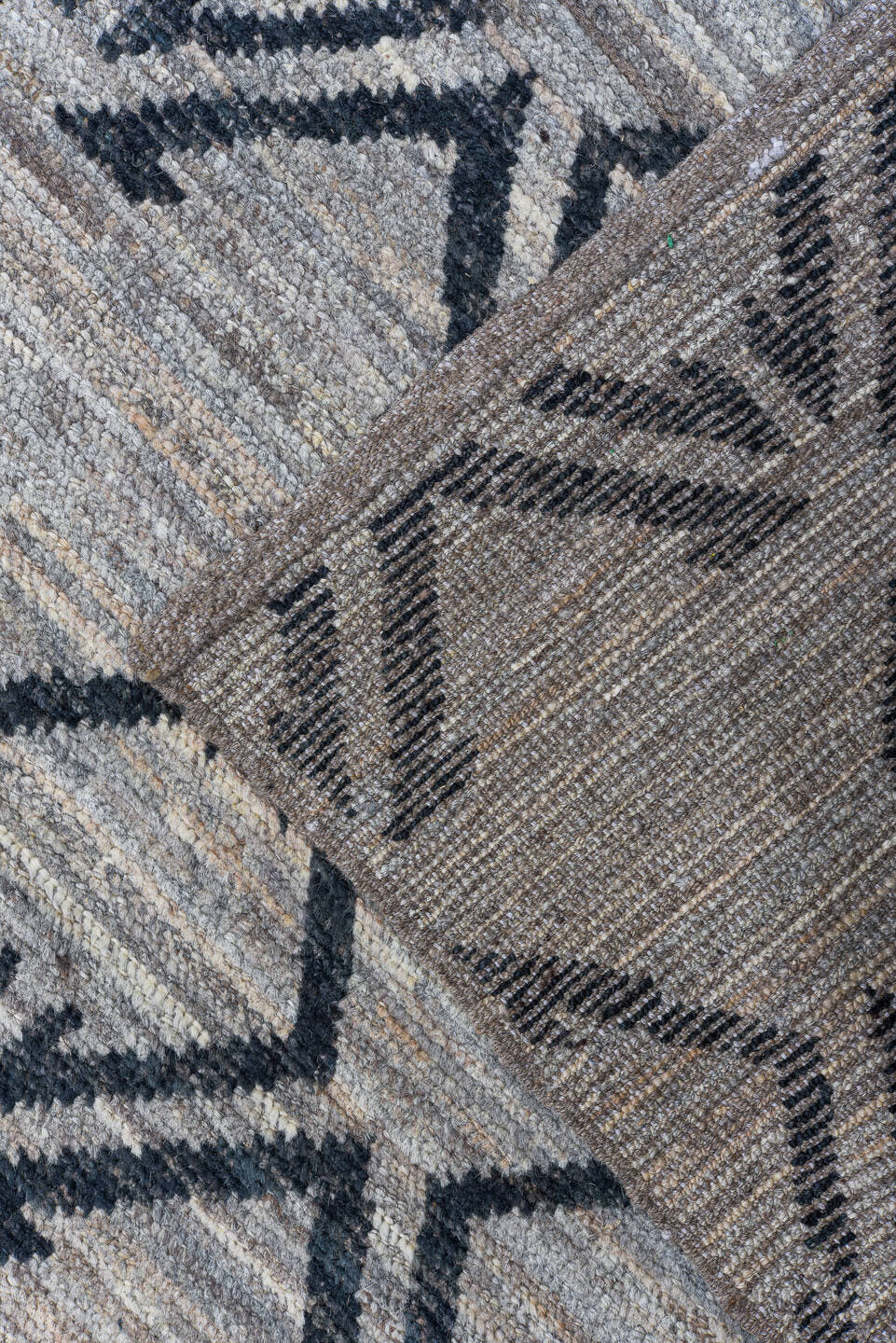 9' x 11' one-of-a-kind handmade vintage Tulu large size rug. Color palette: ivory, charcoal, gray, taupe, black, beige