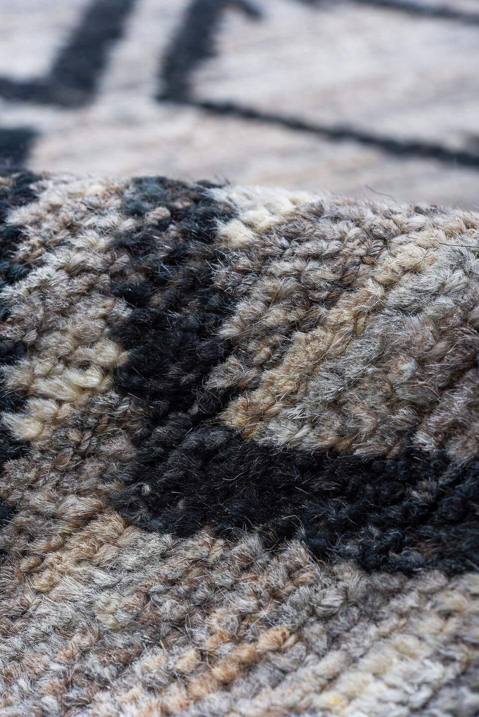 9' x 11' one-of-a-kind handmade vintage Tulu large size rug. Color palette: ivory, charcoal, gray, taupe, black, beige