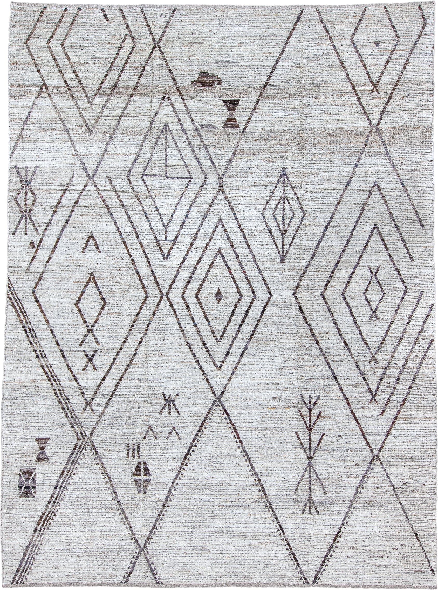 10' x 14' one-of-a-kind handmade vintage Tulu large size rug. Color palette: ivory, taupe, brown, charcoal, beige, gray