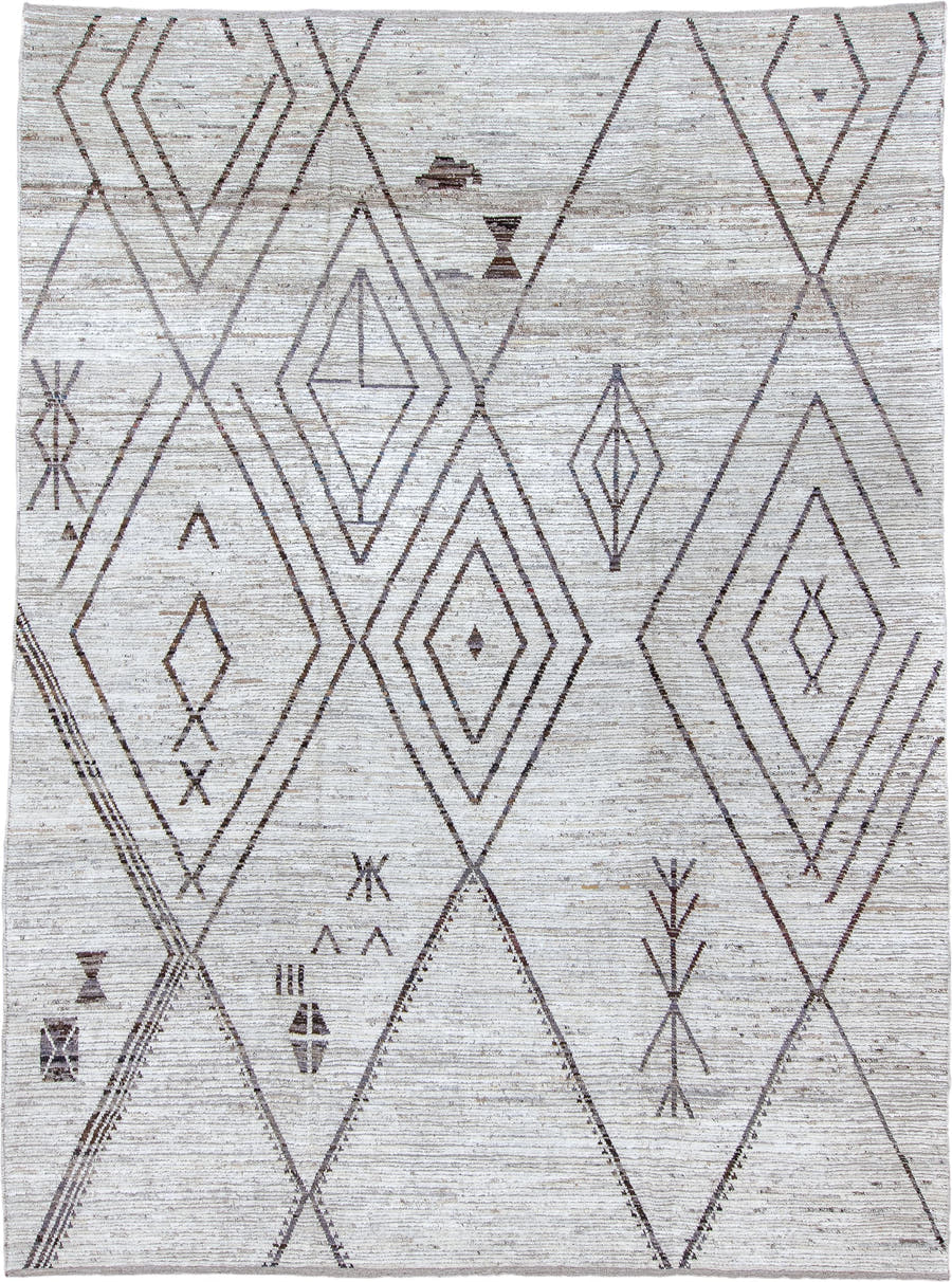 10' x 14' one-of-a-kind handmade vintage Tulu large size rug. Color palette: ivory, taupe, brown, charcoal, beige, gray